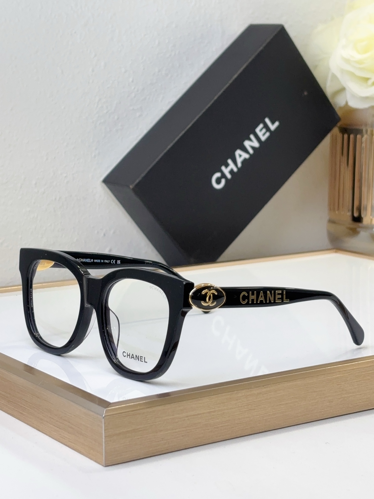 Chanel Black Acetate Square Sunglasses with Gold CC Accents (Model: CH5493)