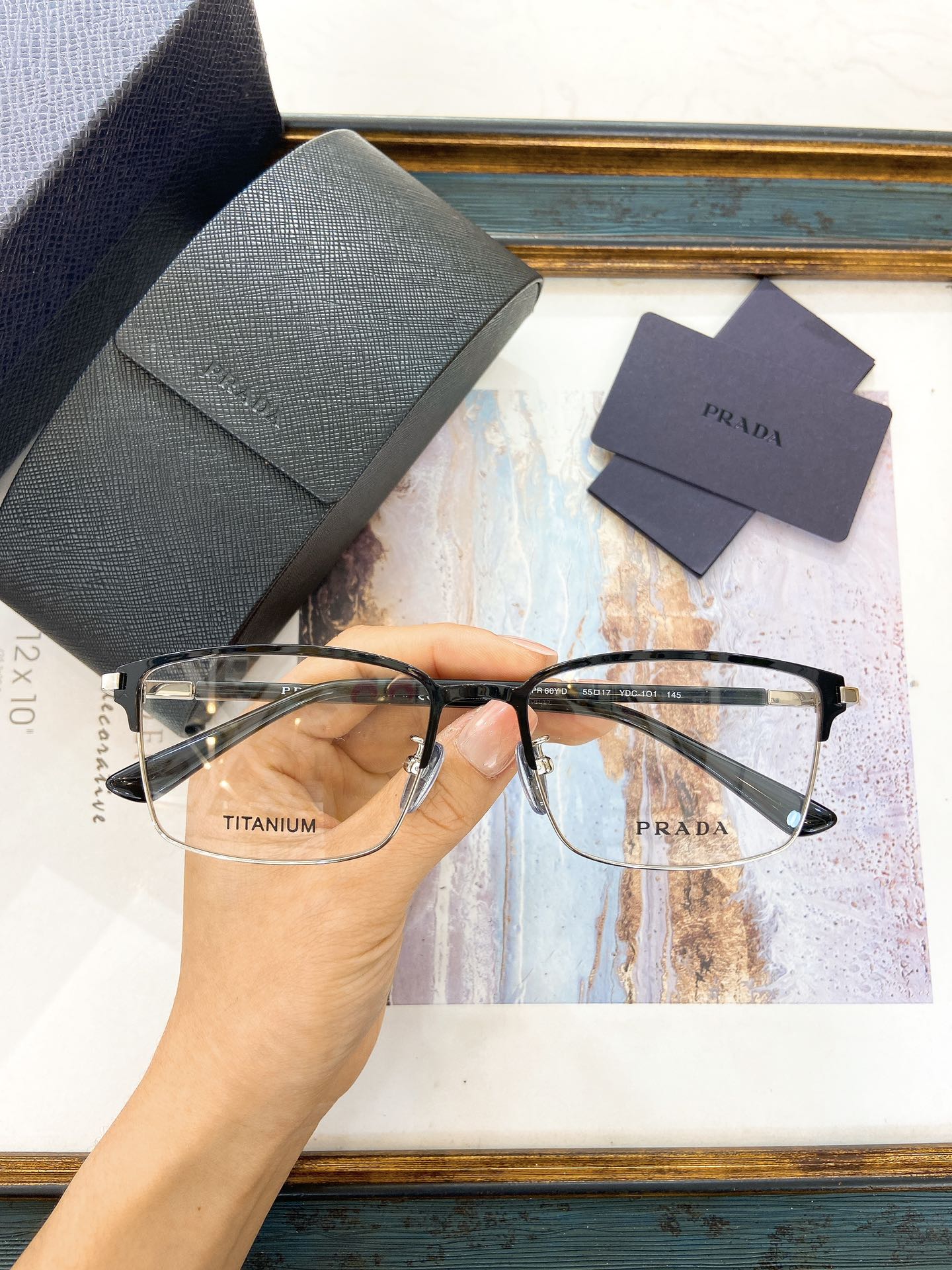 Prada Black Titanium Semi - Rimless Square Optical Frames (Model: PR64TV)