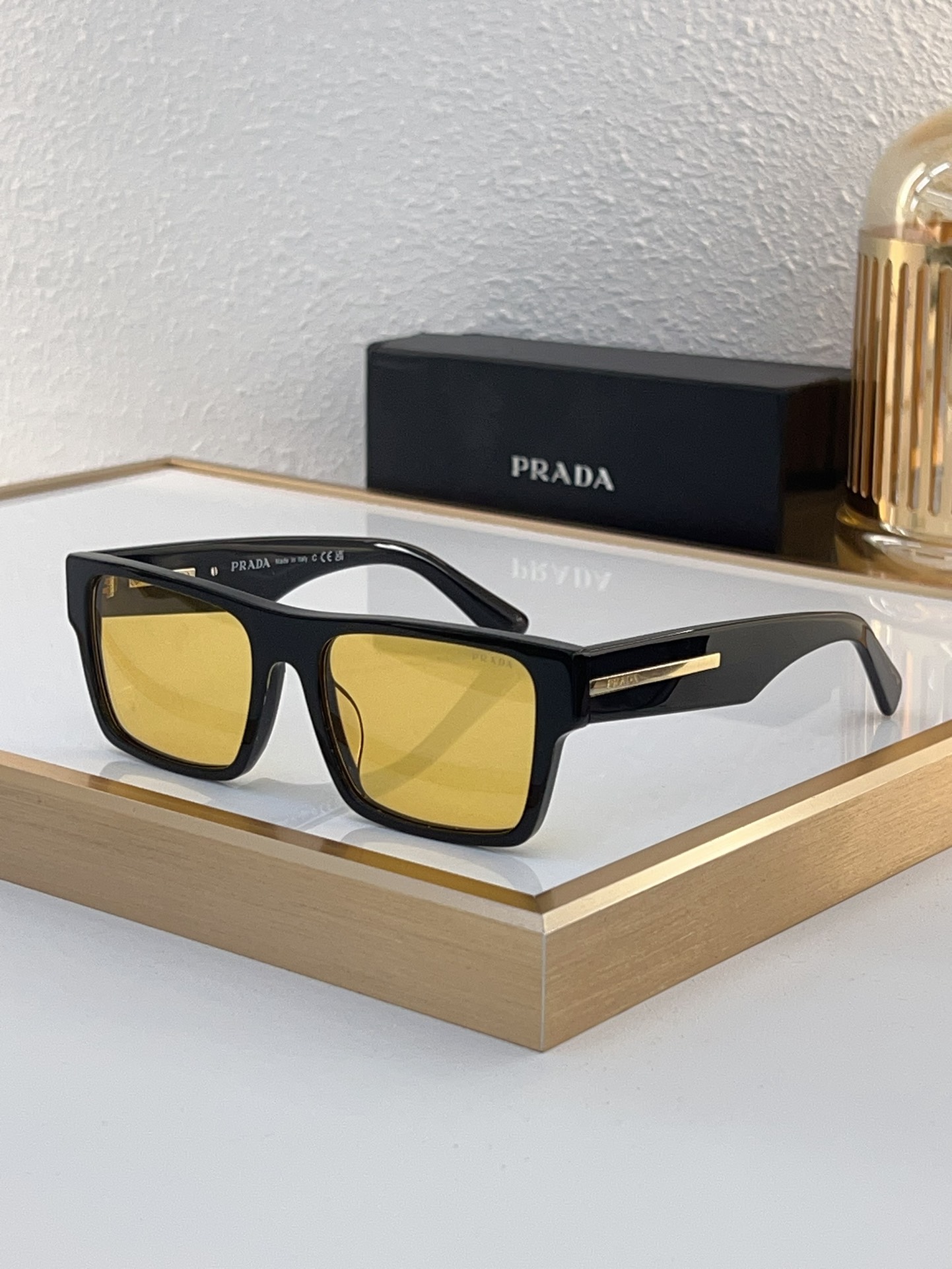 Prada Black Acetate Square Sunglasses with Gold Accents (Model: PR14292S)
