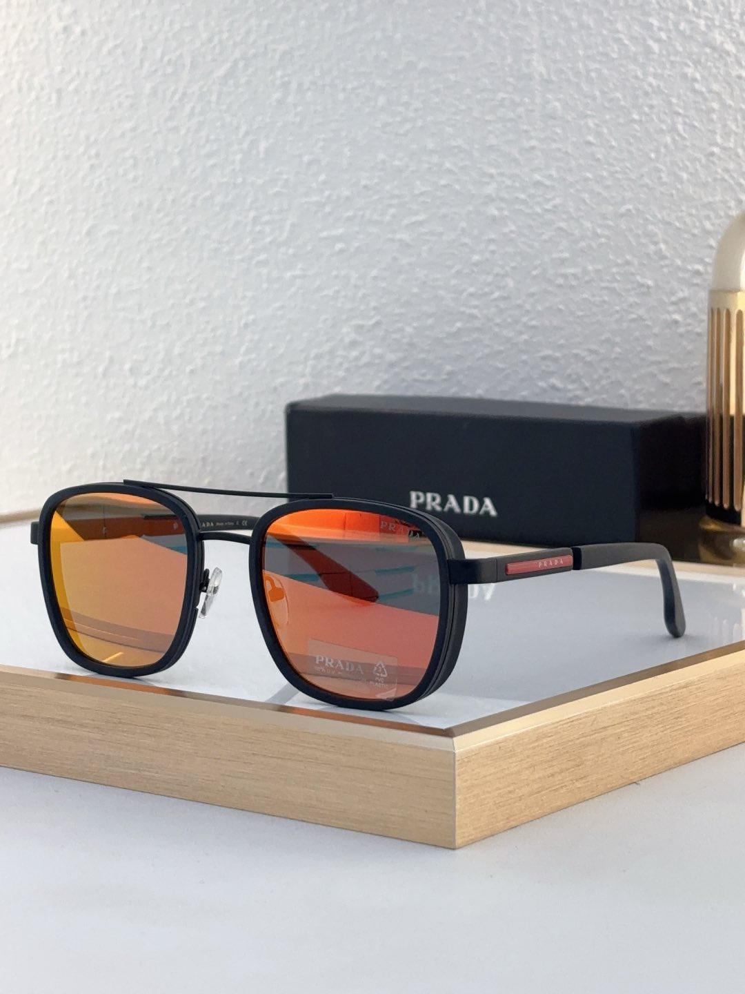 Prada Black Metal Double - Bridge Square Sunglasses with Orange Lenses (Model: PR14203S)