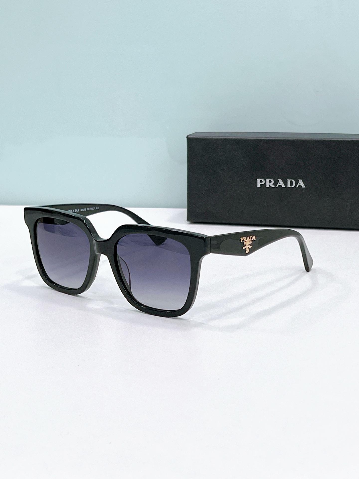 Prada Black Acetate Square Sunglasses with Gold Branding (Model: PR14170S)