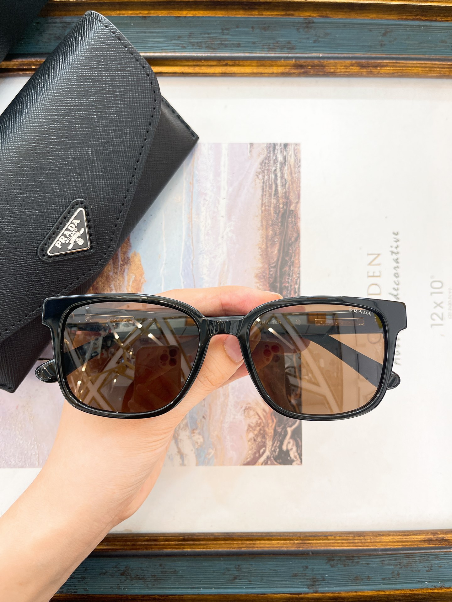 Prada Black Acetate Square Sunglasses with Brown Lenses (Model: PR14092S)