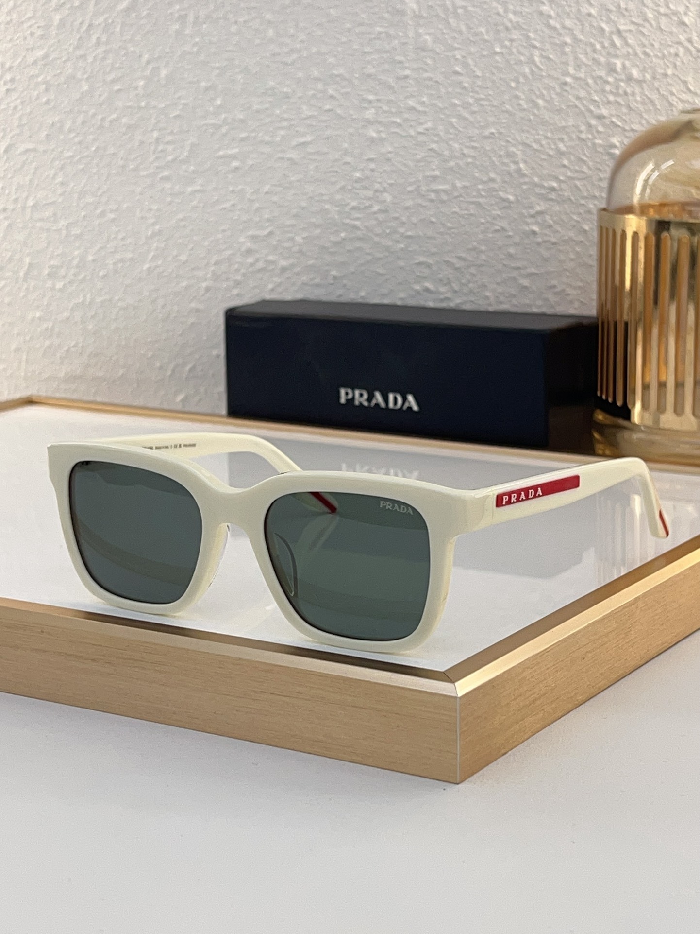 Prada White Acetate Square Sunglasses with Red Accents (Model: PR13892S)