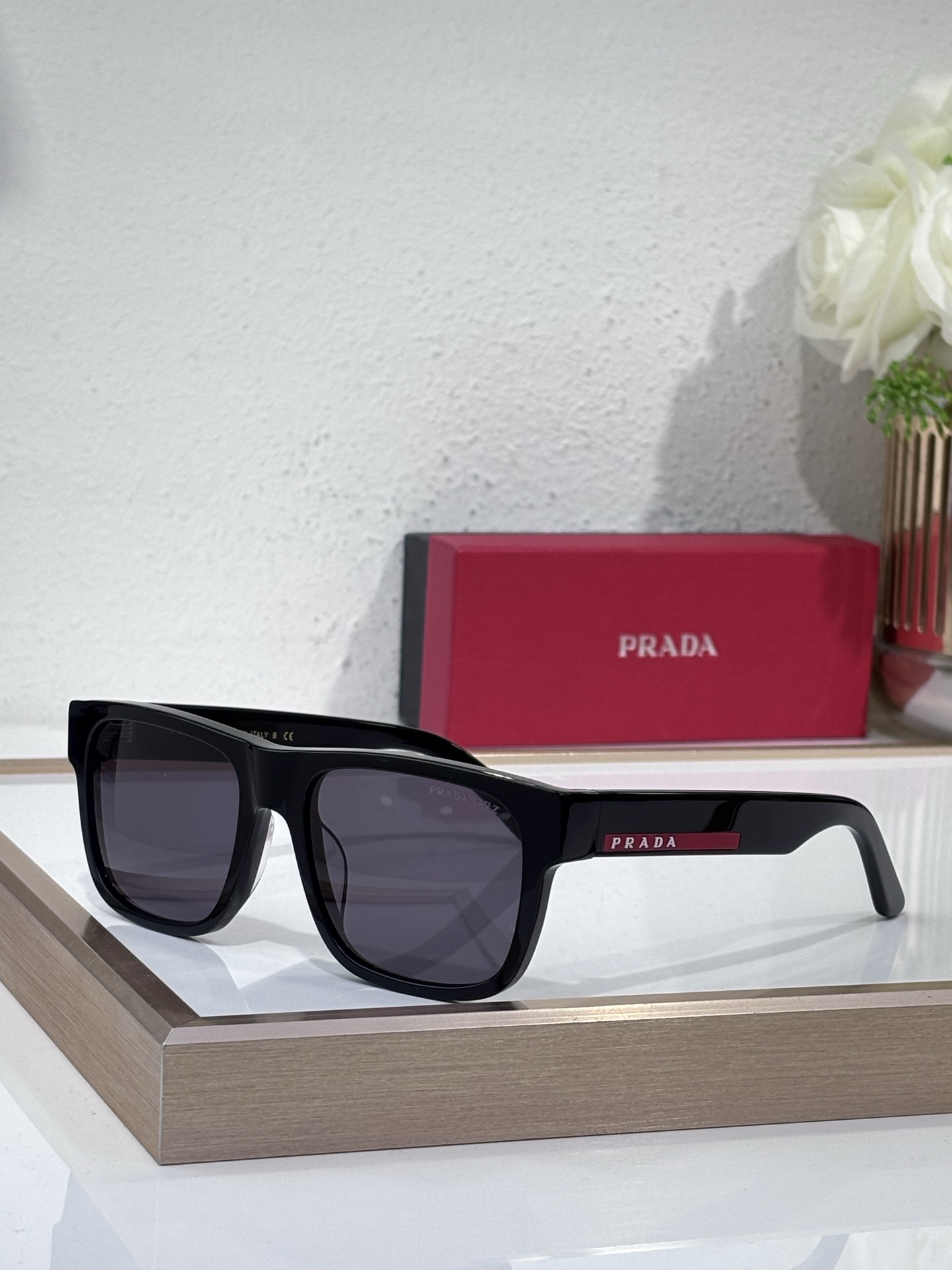 Prada Black Square Acetate Sunglasses with Red Accents (Model: PR13569S)