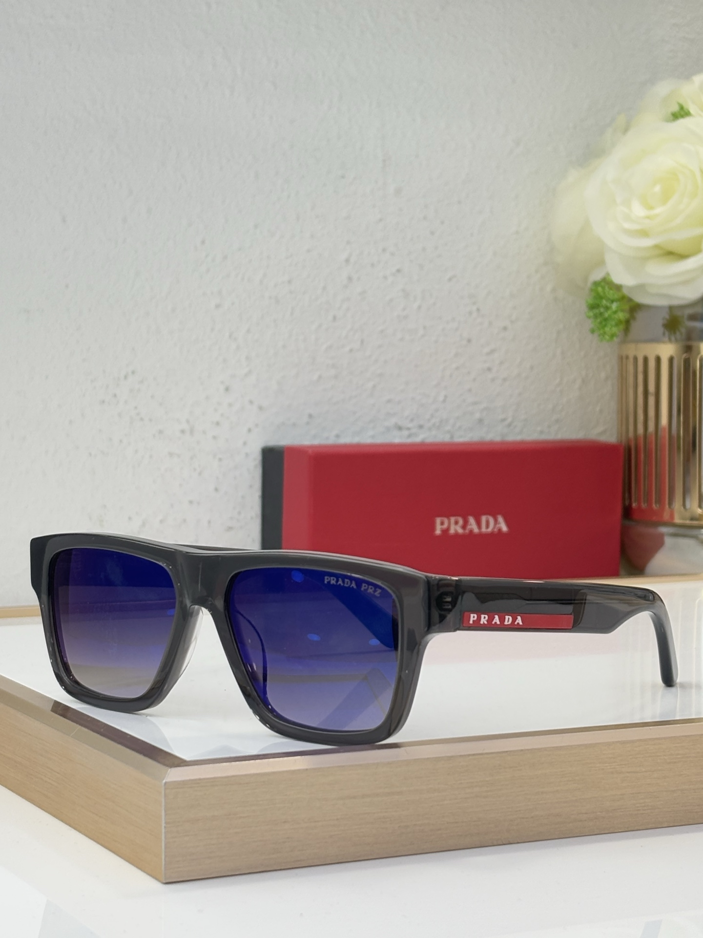 Prada Smoke Gray Acetate Square Sunglasses with Red Accents (Model: PR13236S)