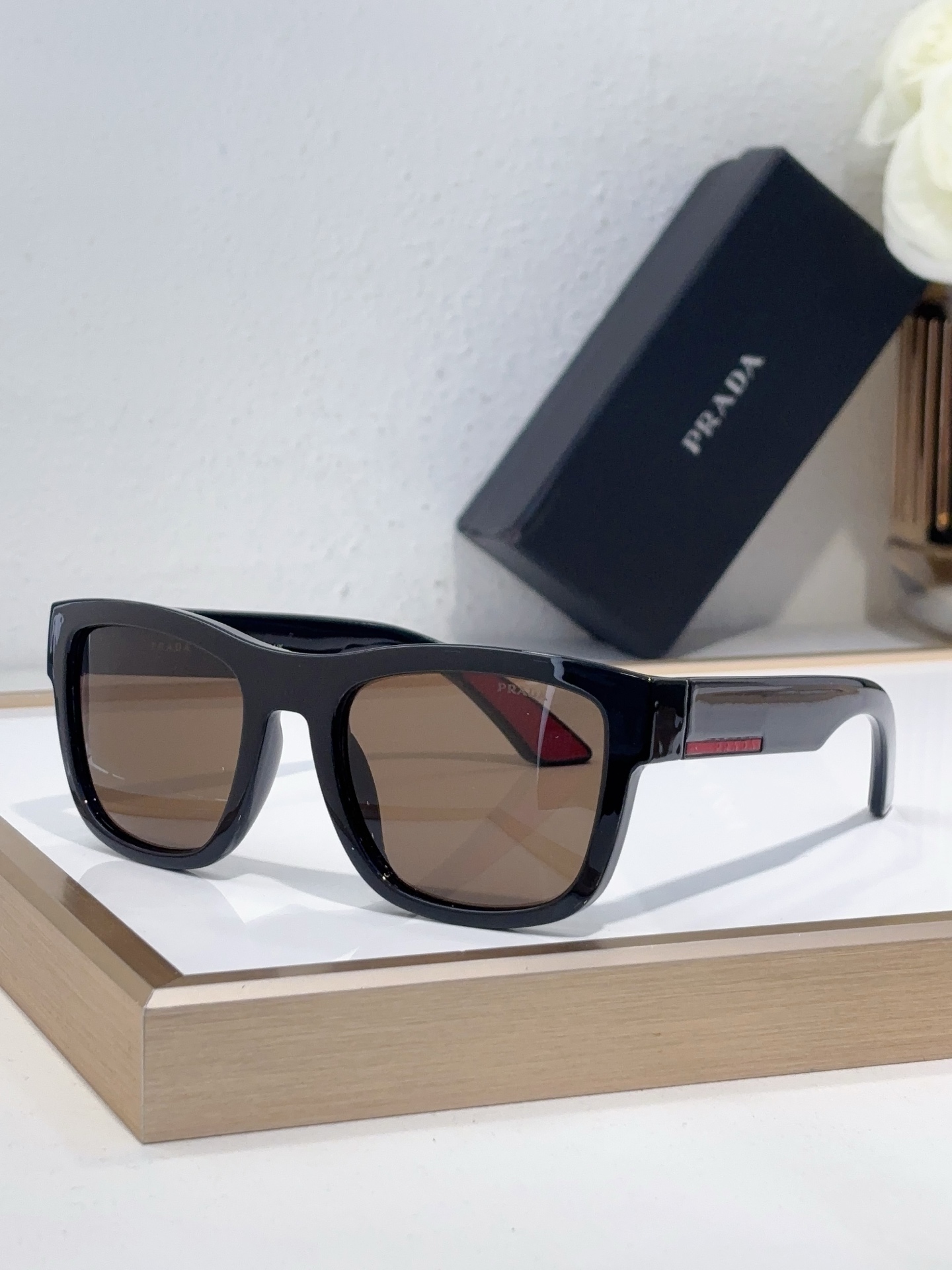 Prada Black Acetate Square Sunglasses with Red Accents (Model: PR12903S)