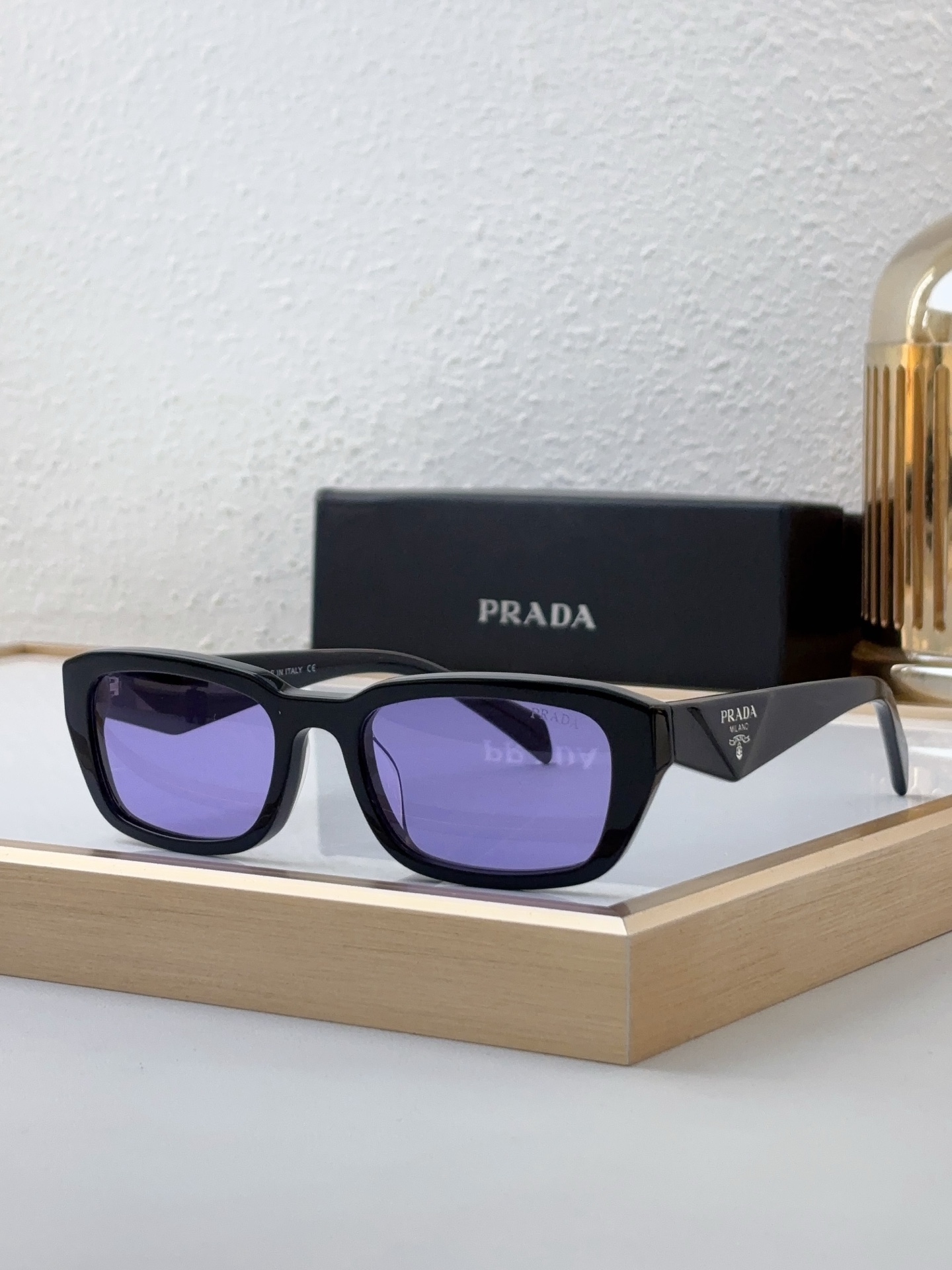 Prada Black Acetate Square Sunglasses with Purple Lenses (Model: PR11347S)