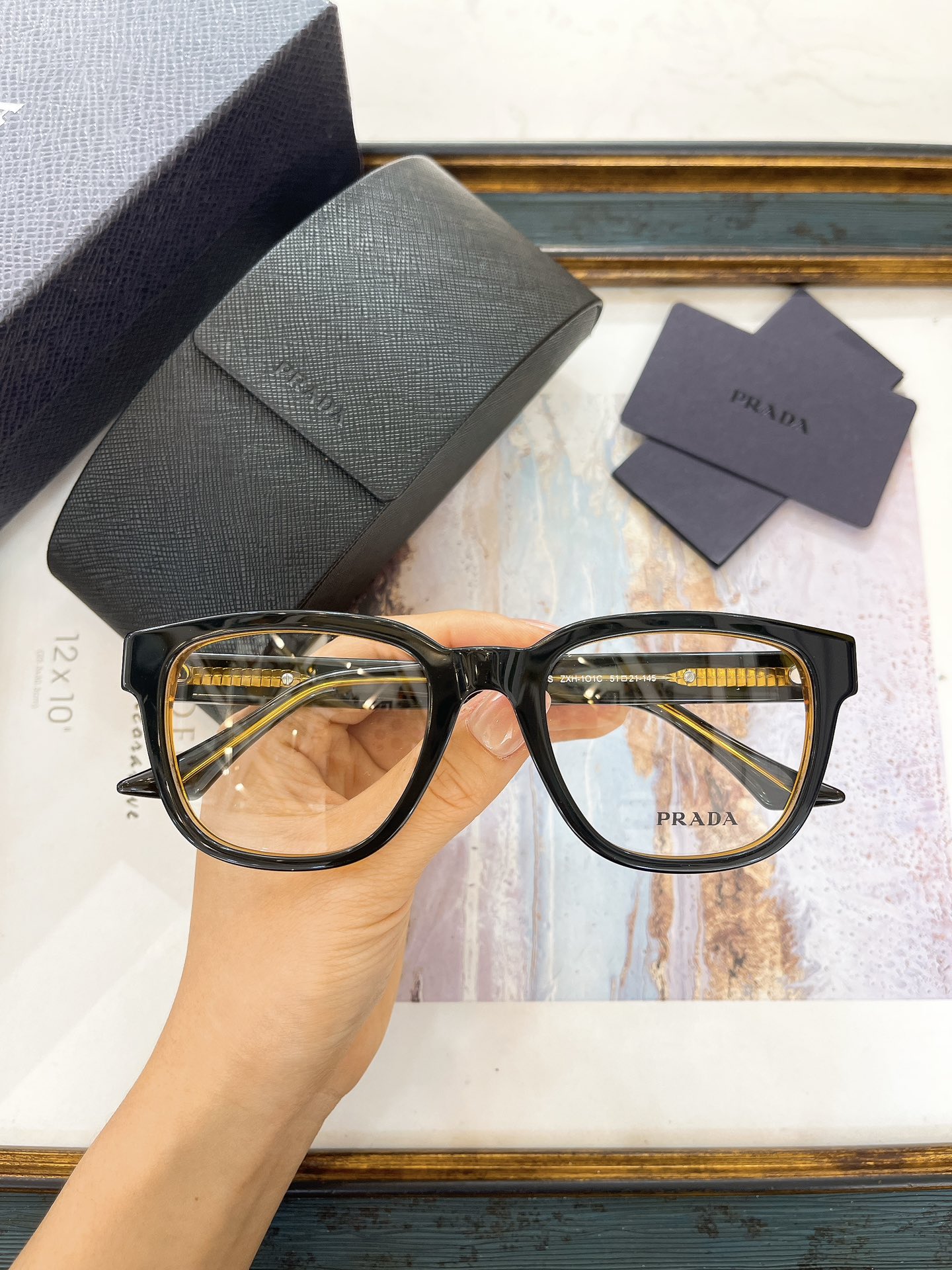 Prada Black Acetate Square Optical Glasses with Gold Accents (Model: PR9014O)