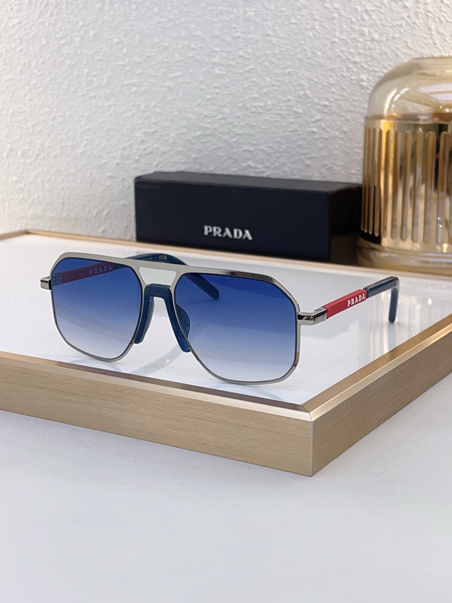 Prada Silver - Tone Metal Octagonal Sunglasses with Red Accents (Model: PR6670S)