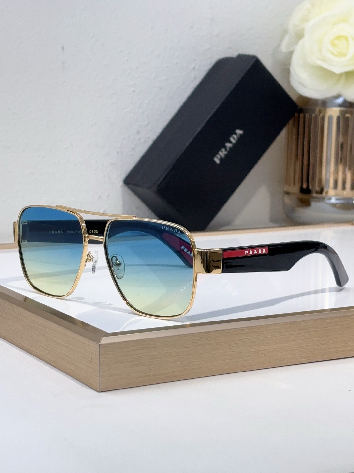 Prada Gold - Tone Metal Square Sunglasses with Black Acetate & Red Branding (Model: PR6569S)