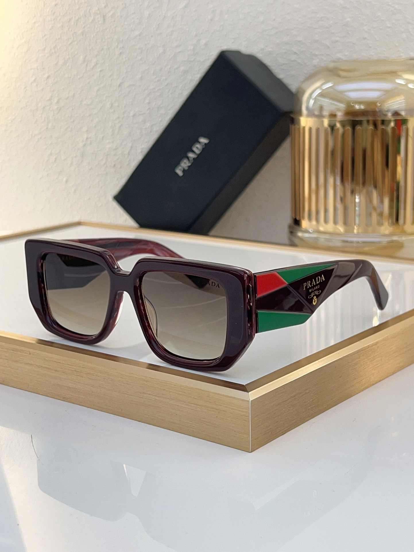 Prada Burgundy Acetate Square Sunglasses with Tri - Color Accents (Model: PR5458S)