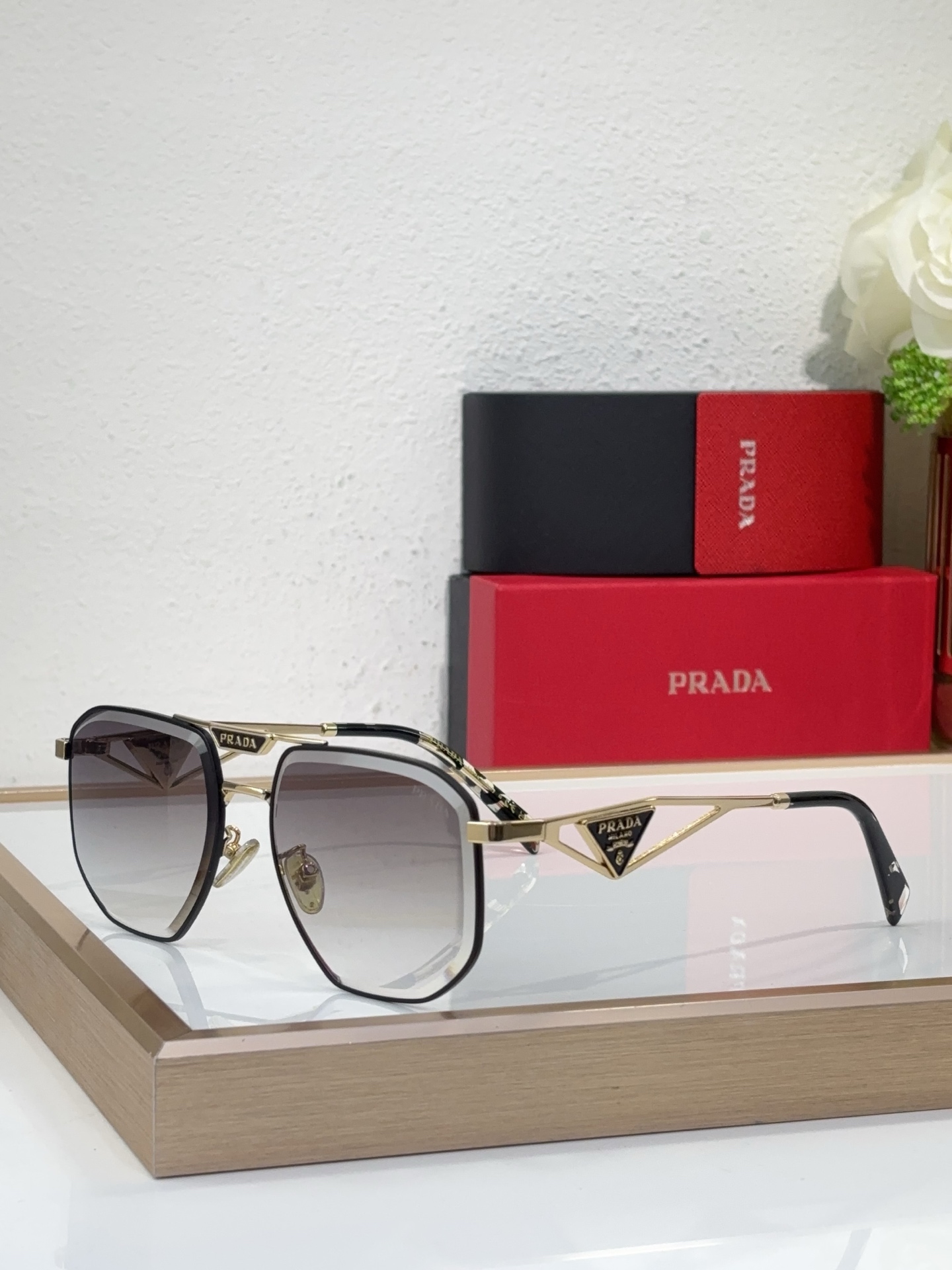 Prada Gold - Tone Metal & Black Acetate Square Sunglasses with Triangular Accents (Model: PR5125S)