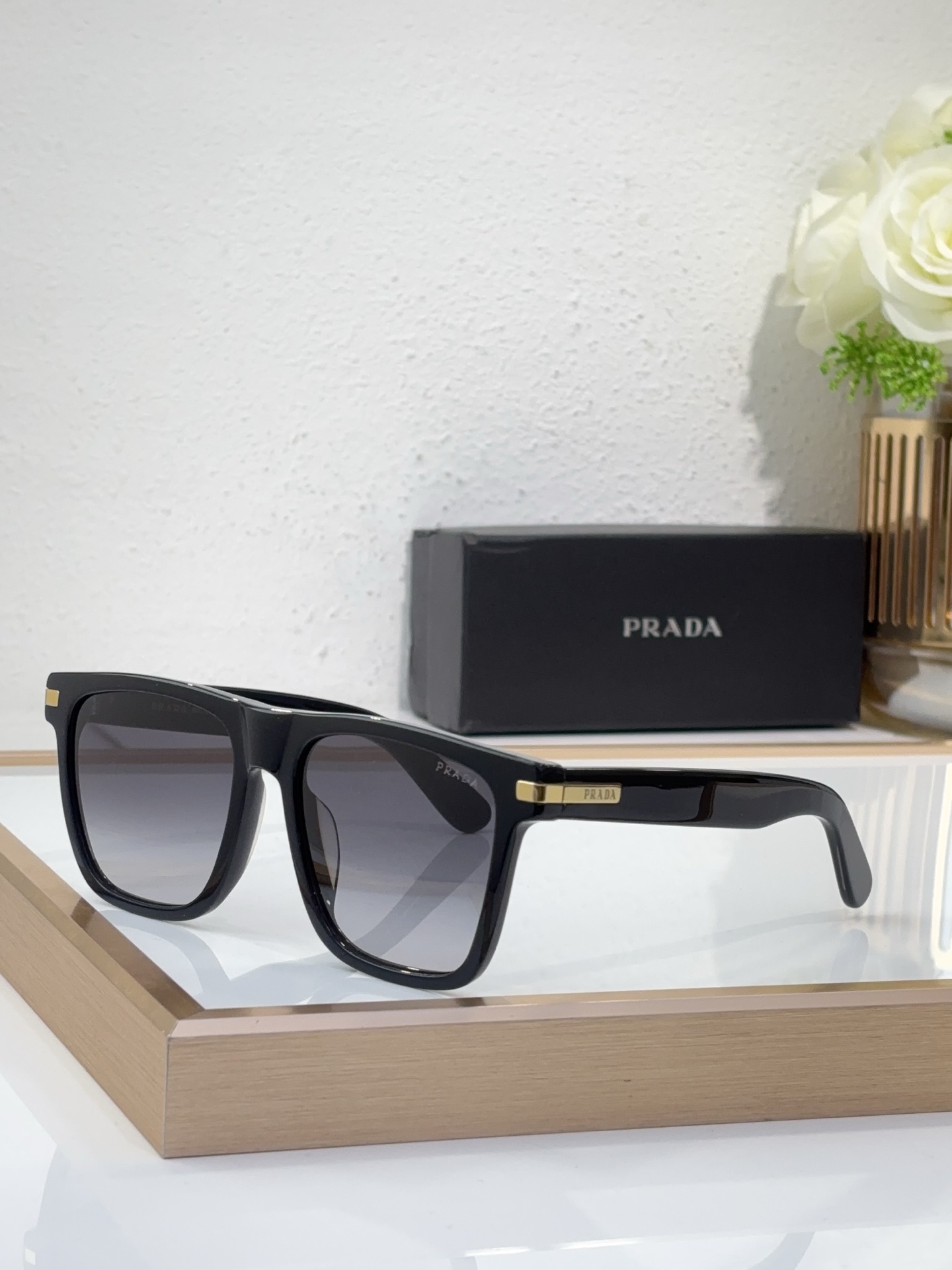 Prada Black Acetate Square Sunglasses with Gold Accents (Model: PR4781S)