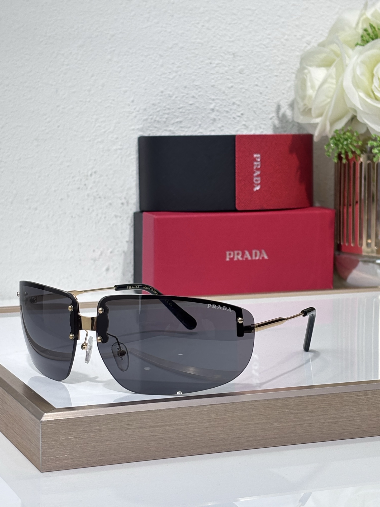 Prada Gold - Tone Metal Shield - Style Sunglasses with Rivet Detailing (Model: PR4670S)