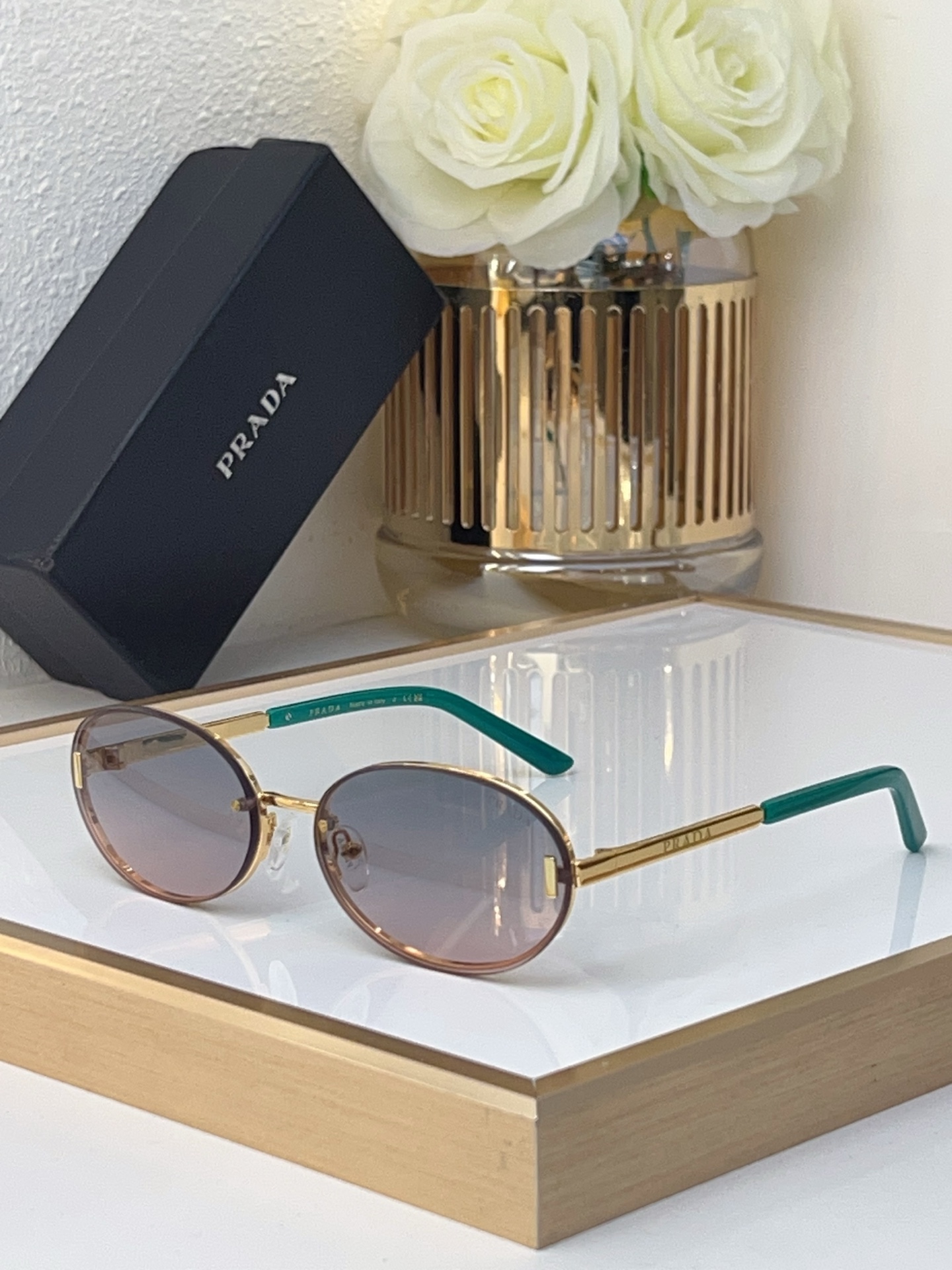 Prada Gold - Metal Oval Sunglasses with Green Temples (Model: PR3456S)