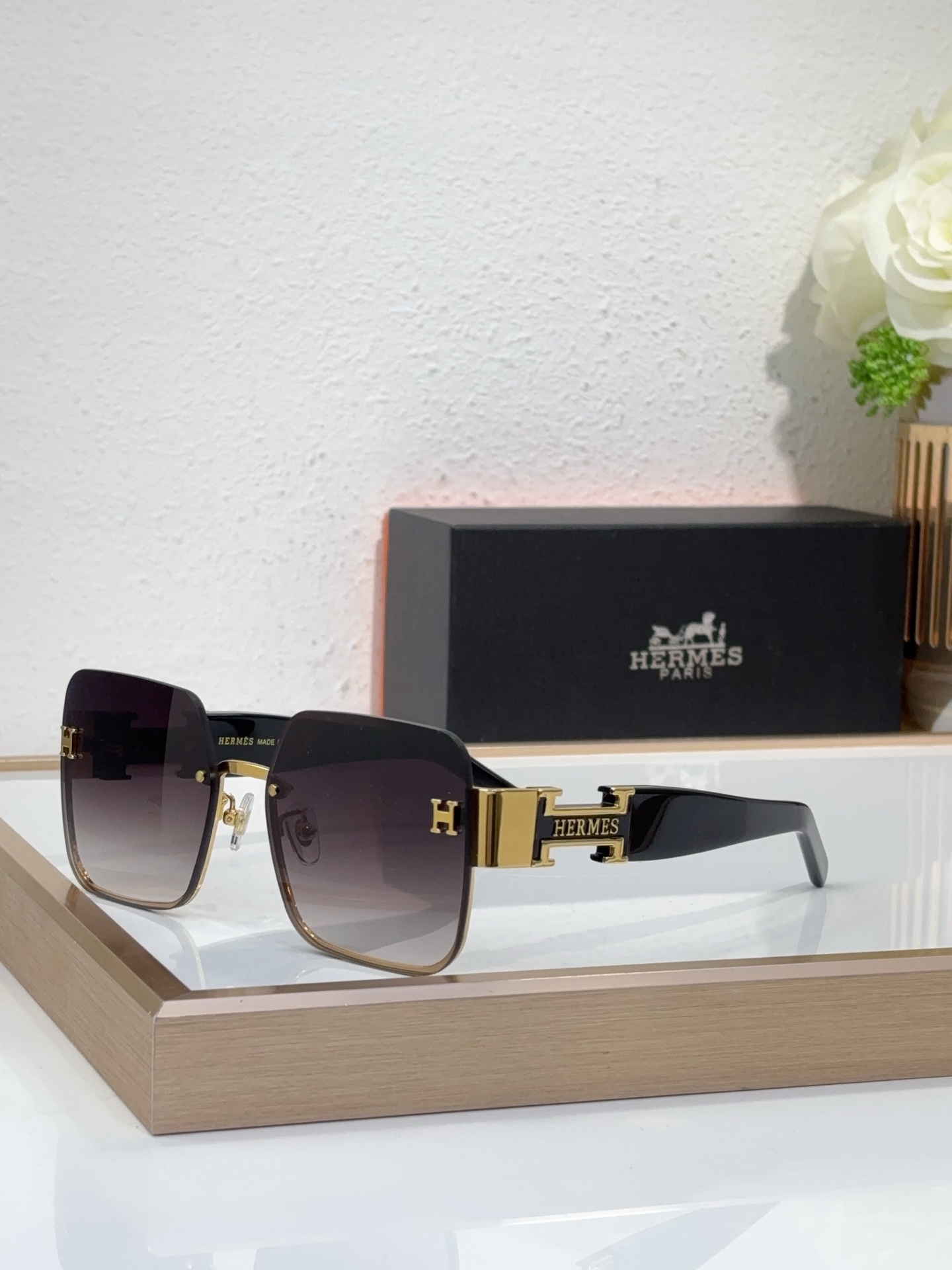 Hermès Black - Gold Metal Semi - Rimless Square Sunglasses (Model: HER012S)