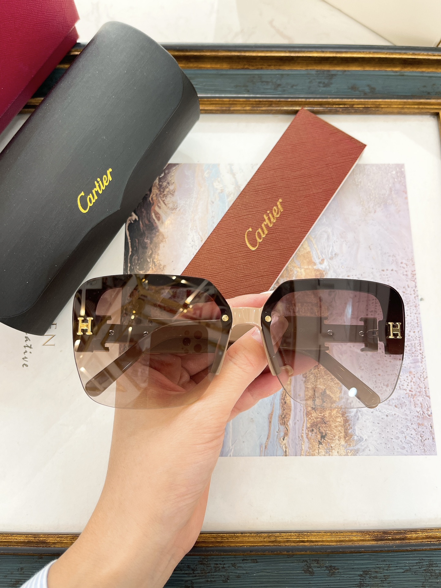 Cartier Brown - Gradient Semi - Rimless Square Sunglasses (Model: CT0123S)
