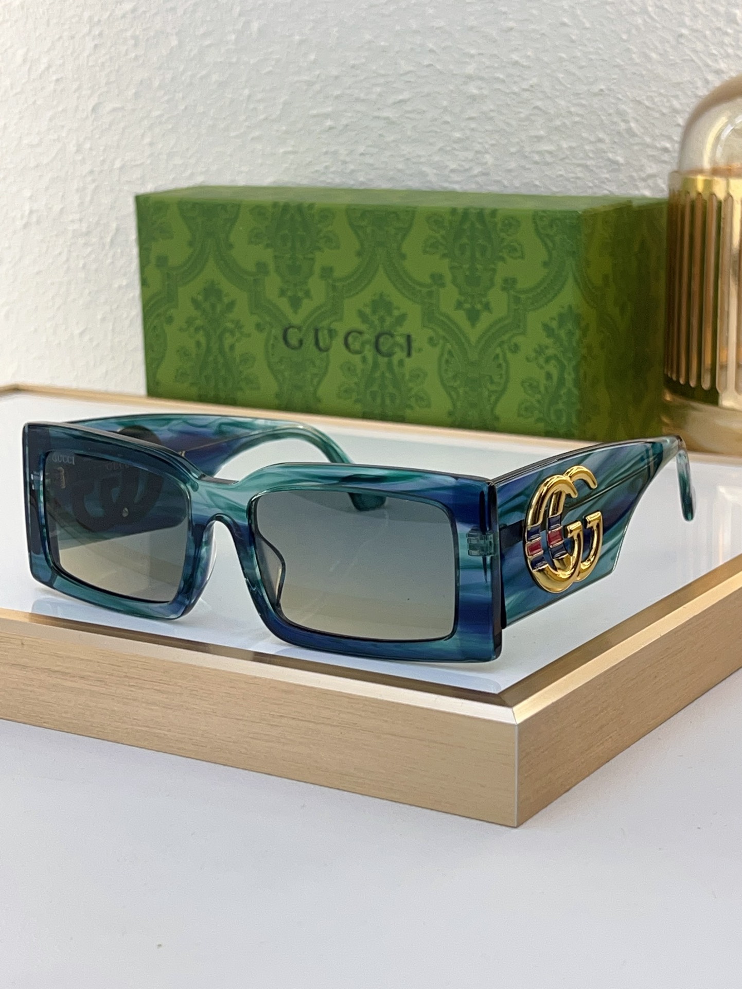 Gucci Blue - Green Marbled Acetate Rectangular Sunglasses (Model: GG1604S)