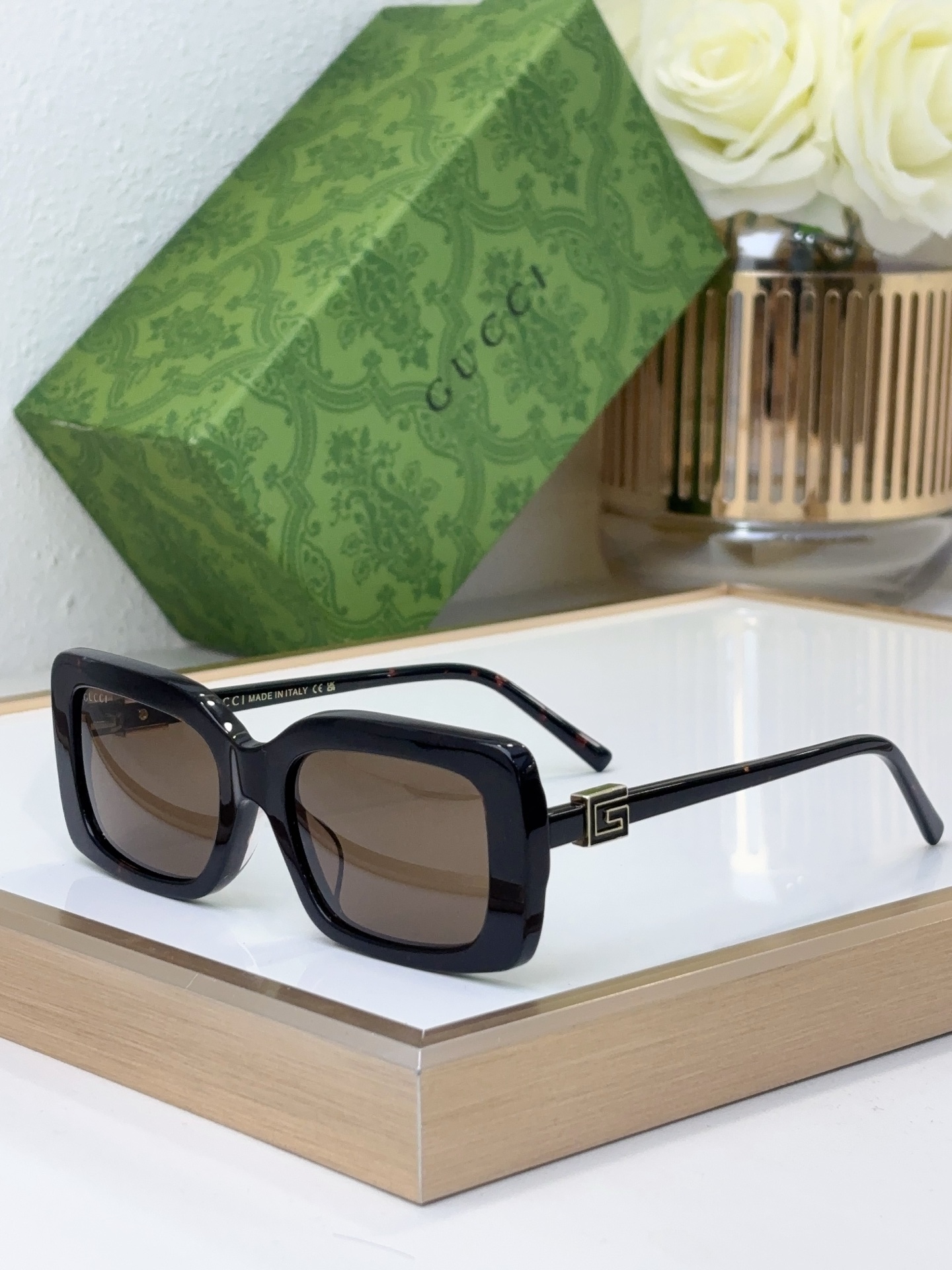 Gucci Black Acetate Square Sunglasses with Gold - Tone Double G Temples (Model: GG1601S)