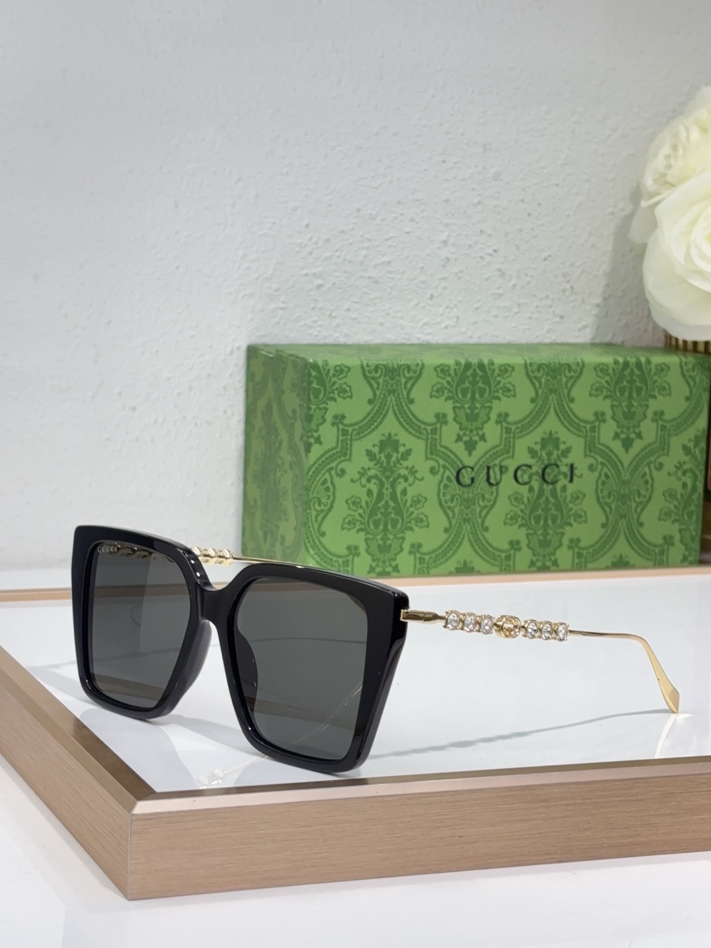 Gucci Black Acetate Square Sunglasses with Crystal & Gold Double G Temples (Model: GG1356S)