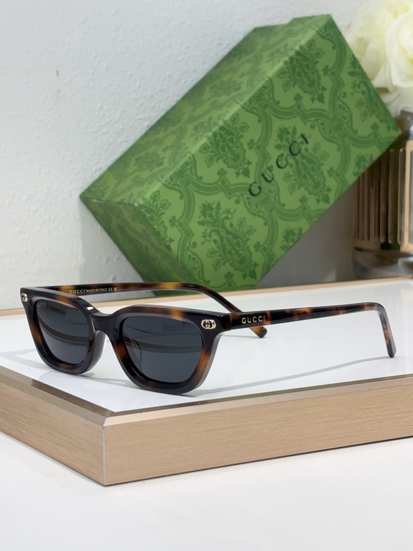Gucci Tortoise - Effect Acetate Square Sunglasses with Gold Double G Accents (Model: GG1351S)