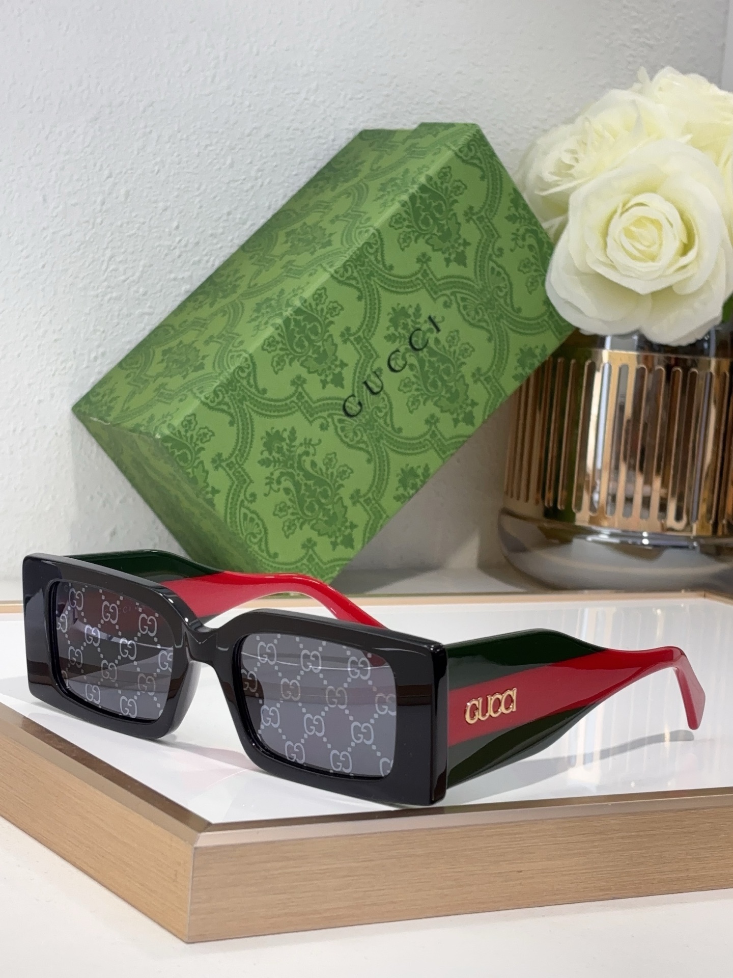 Gucci Colorblock Acetate Square Sunglasses with GG - Patterned Lenses (Model: GG1313S)
