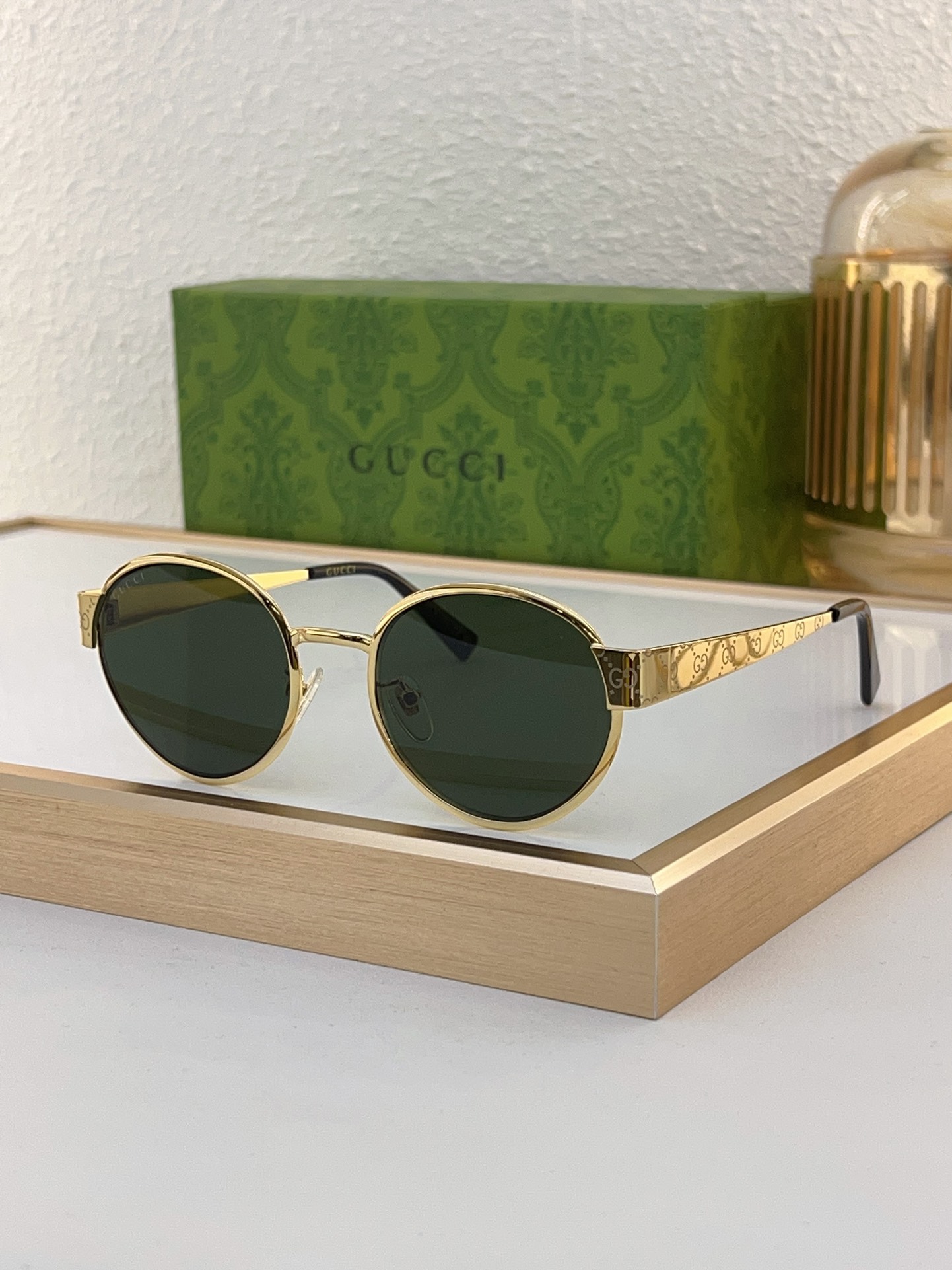 Gucci Gold - Tone GG - Etched Round Sunglasses (Model: GG1308S)
