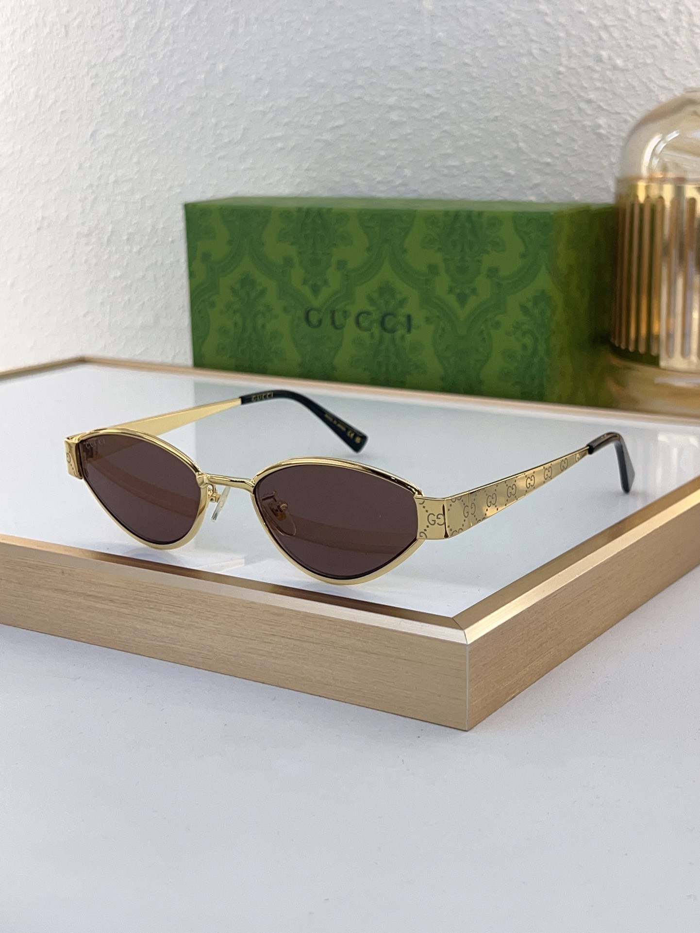 Gucci Gold - Tone GG - Etched Cat - Eye Sunglasses (Model: GG1307S)