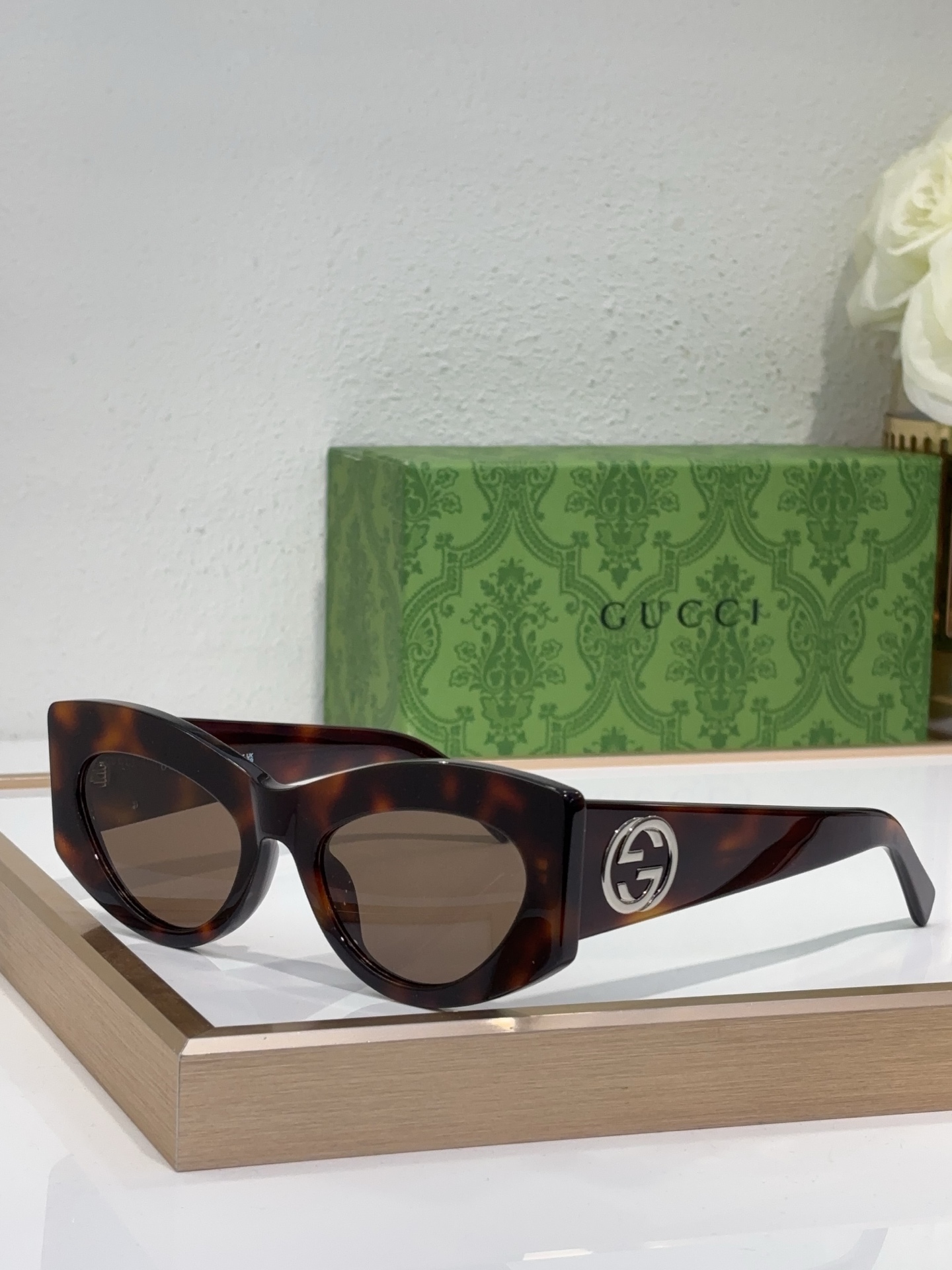 Gucci Tortoise - Effect Acetate Cat - Eye Sunglasses with Silver Double G & Brown Lenses (Model: GG1297S)