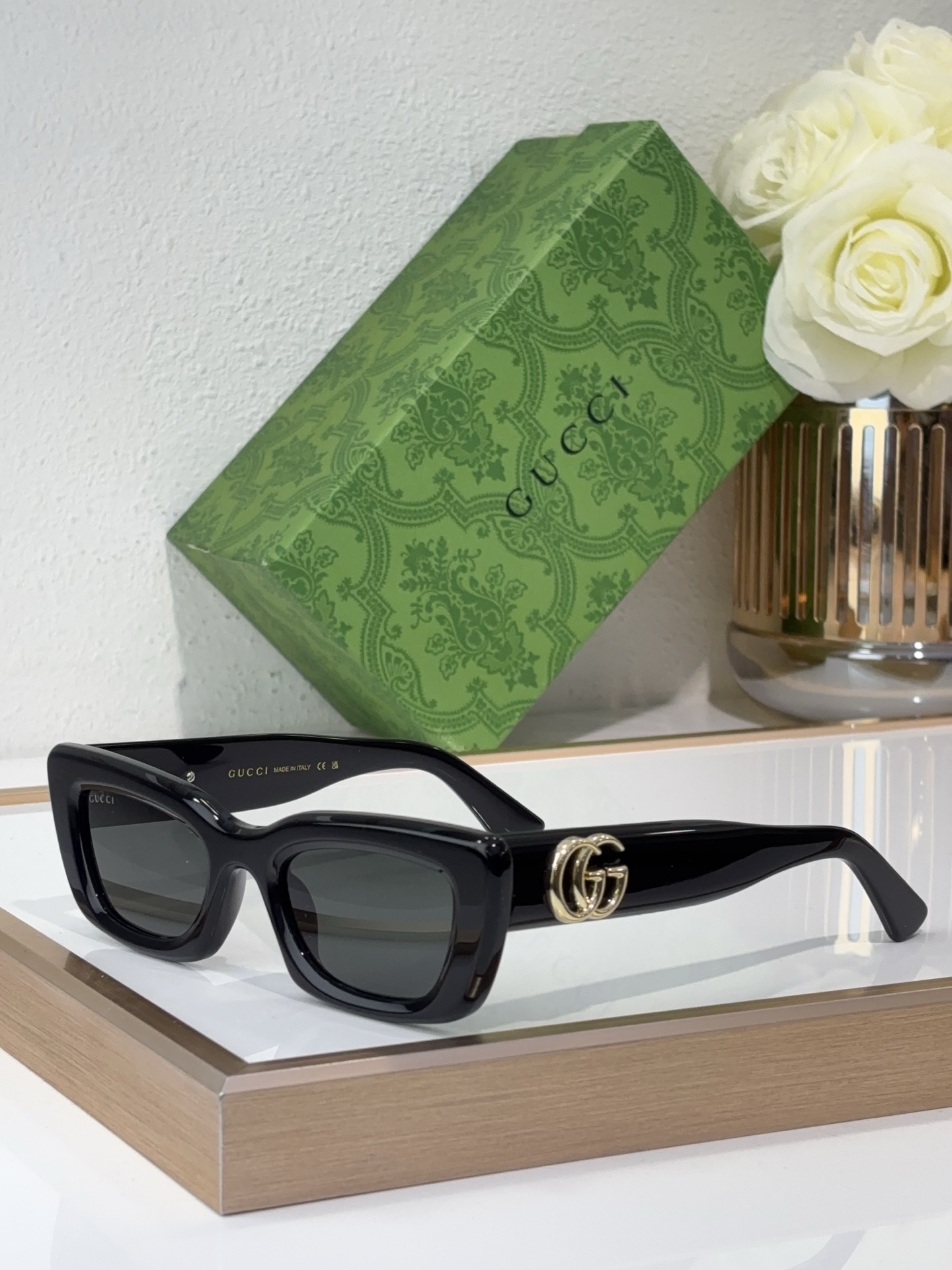 Gucci Square - Cat - Eye Black Acetate Sunglasses with Gold - Tone Double G Accents & Gray Lenses (Model: GG1286S)