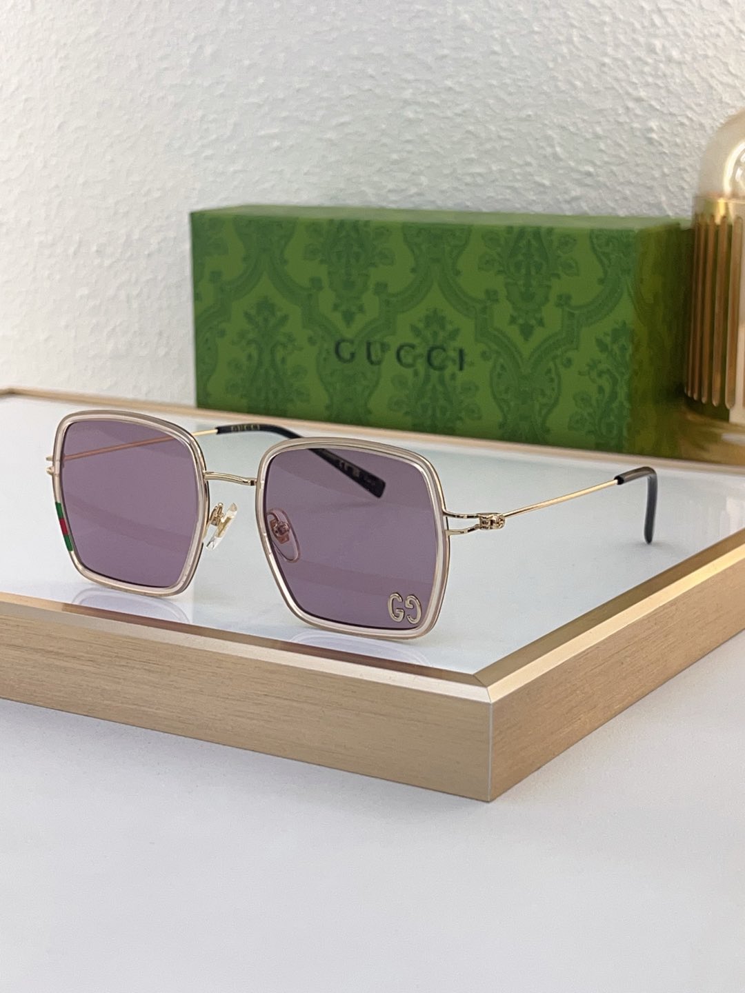 Gucci Square Gold - Tone Metal Sunglasses with Web Stripe & GG Accents, Purple Lenses (Model: GG1283S)