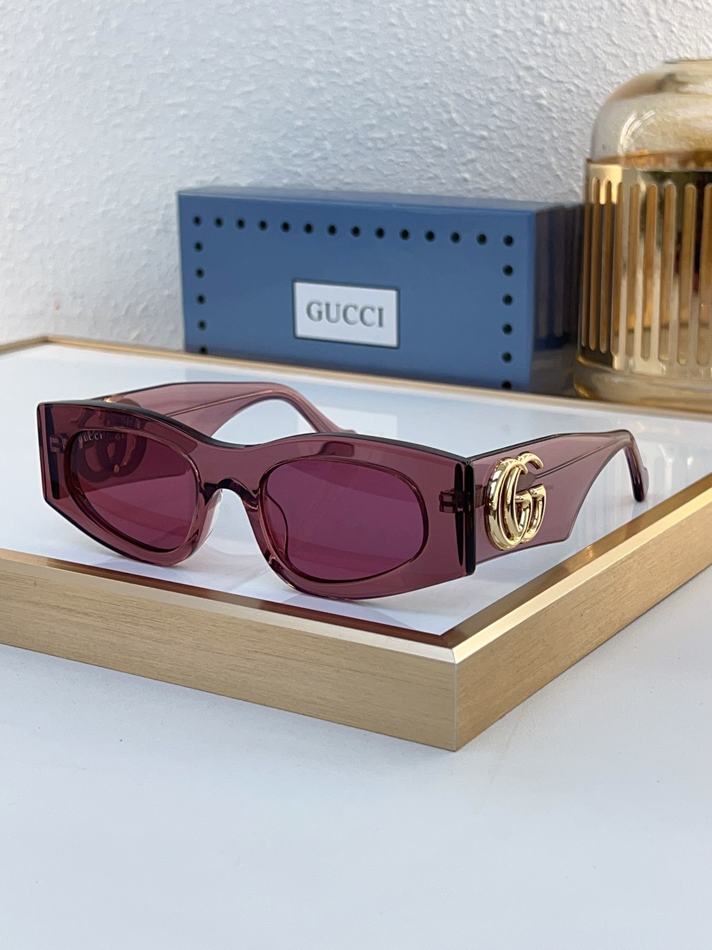 Gucci Cat - Eye Burgundy Transparent Acetate Sunglasses with Gold - Tone Double G Temple Accents & Purple Lenses (Model: GG1269S)