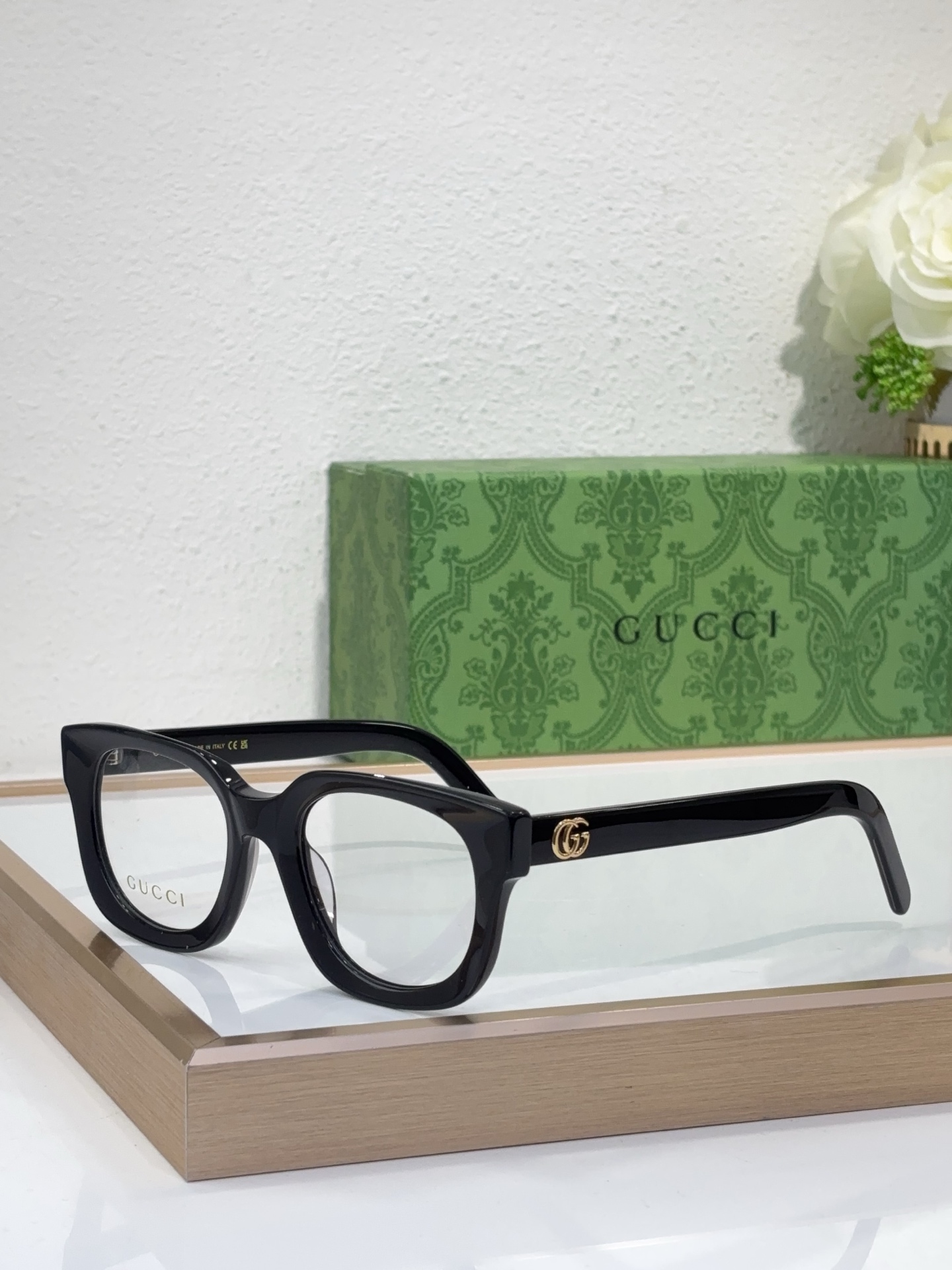 Gucci Square Cat - Eye Black Acetate Optical Eyeglasses with Gold - Tone Double G Accents (Model: GG1257O)