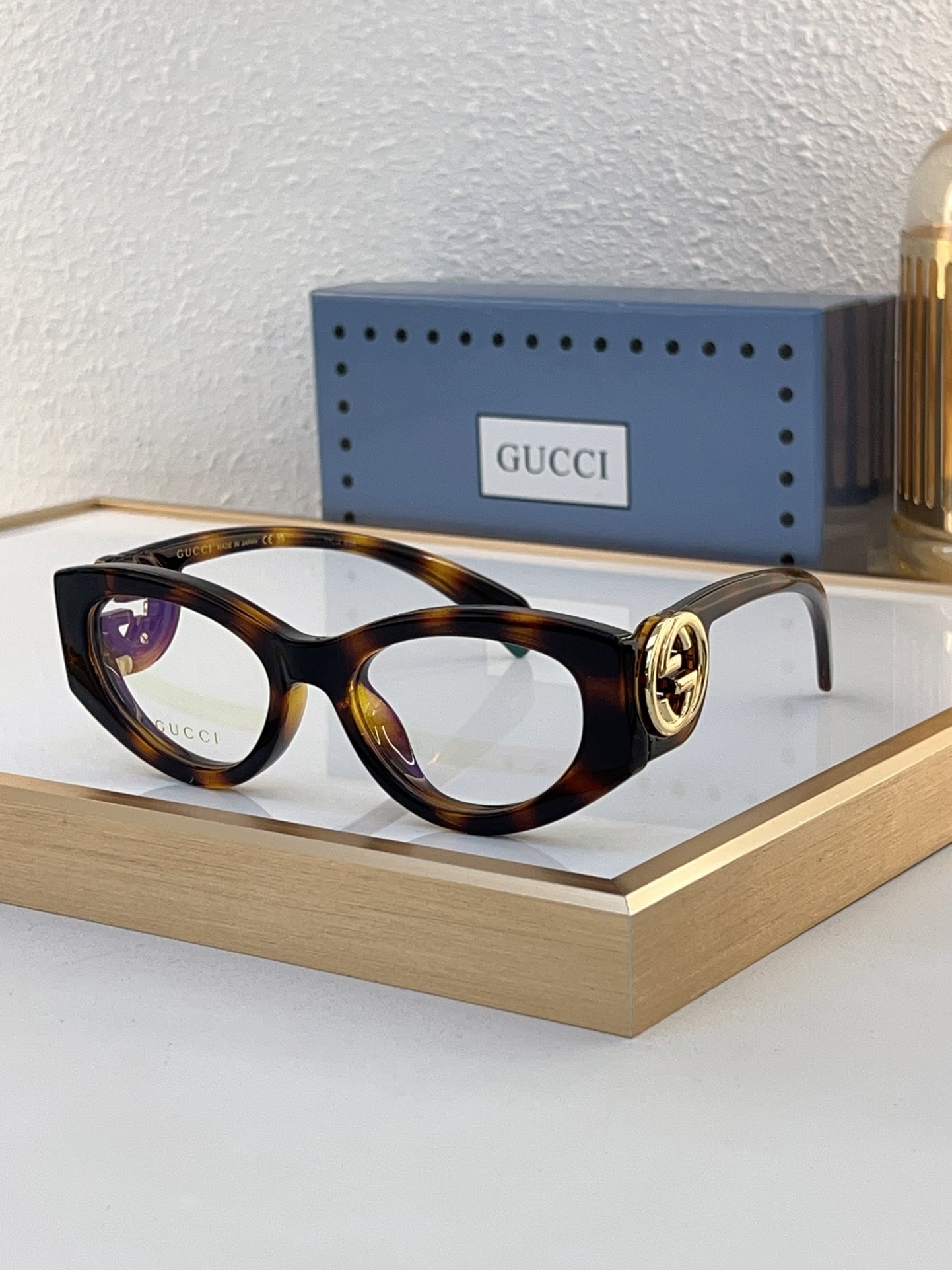 Gucci Cat - Eye Tortoise - Effect Acetate Optical Eyeglasses with Gold - Tone Double G Accents (Model: GG1244O)