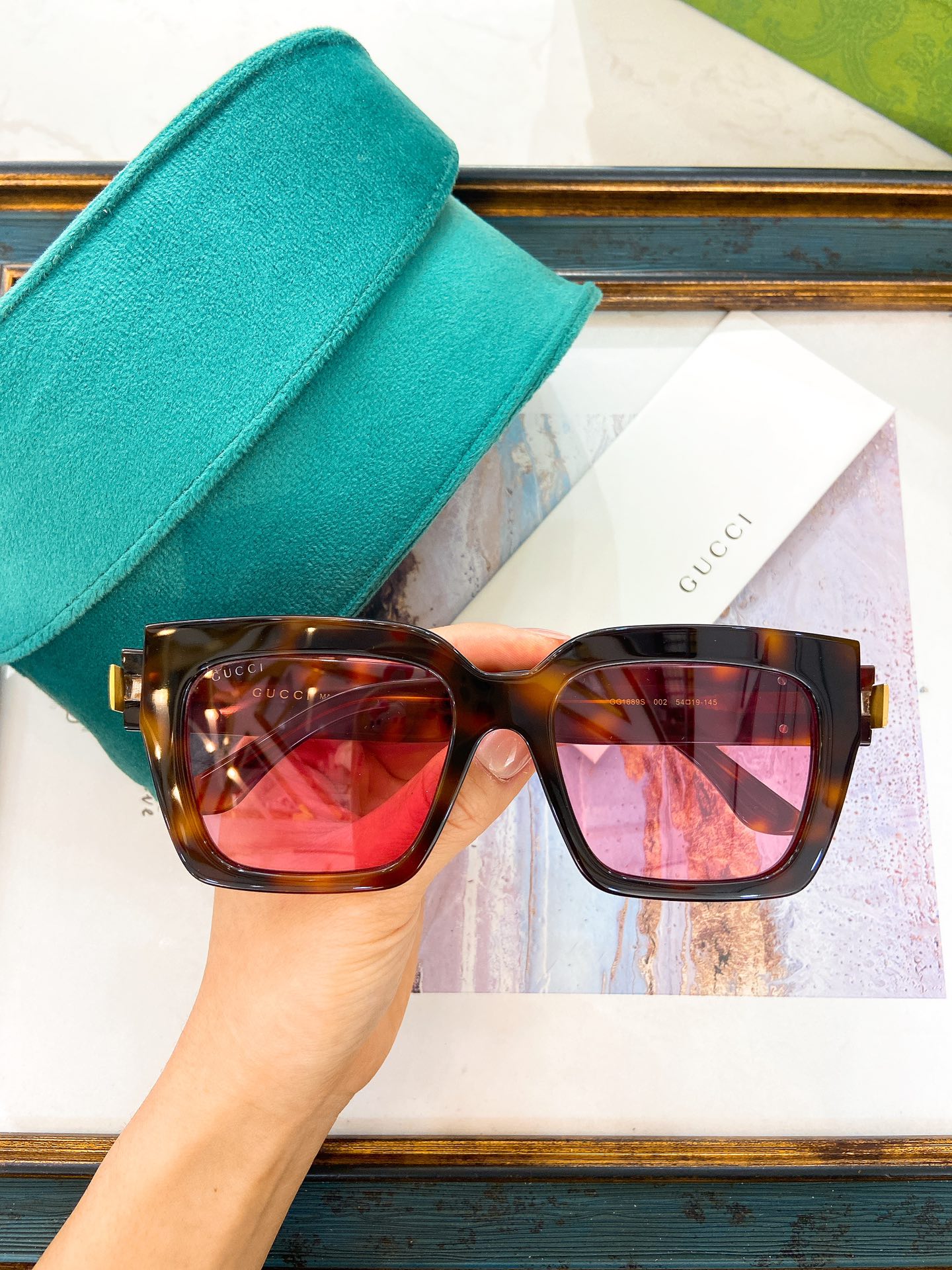 Gucci Square Tortoise - Effect Acetate Sunglasses with Gold - Tone Double G Accents & Pink Lenses (Model: GG1242S)