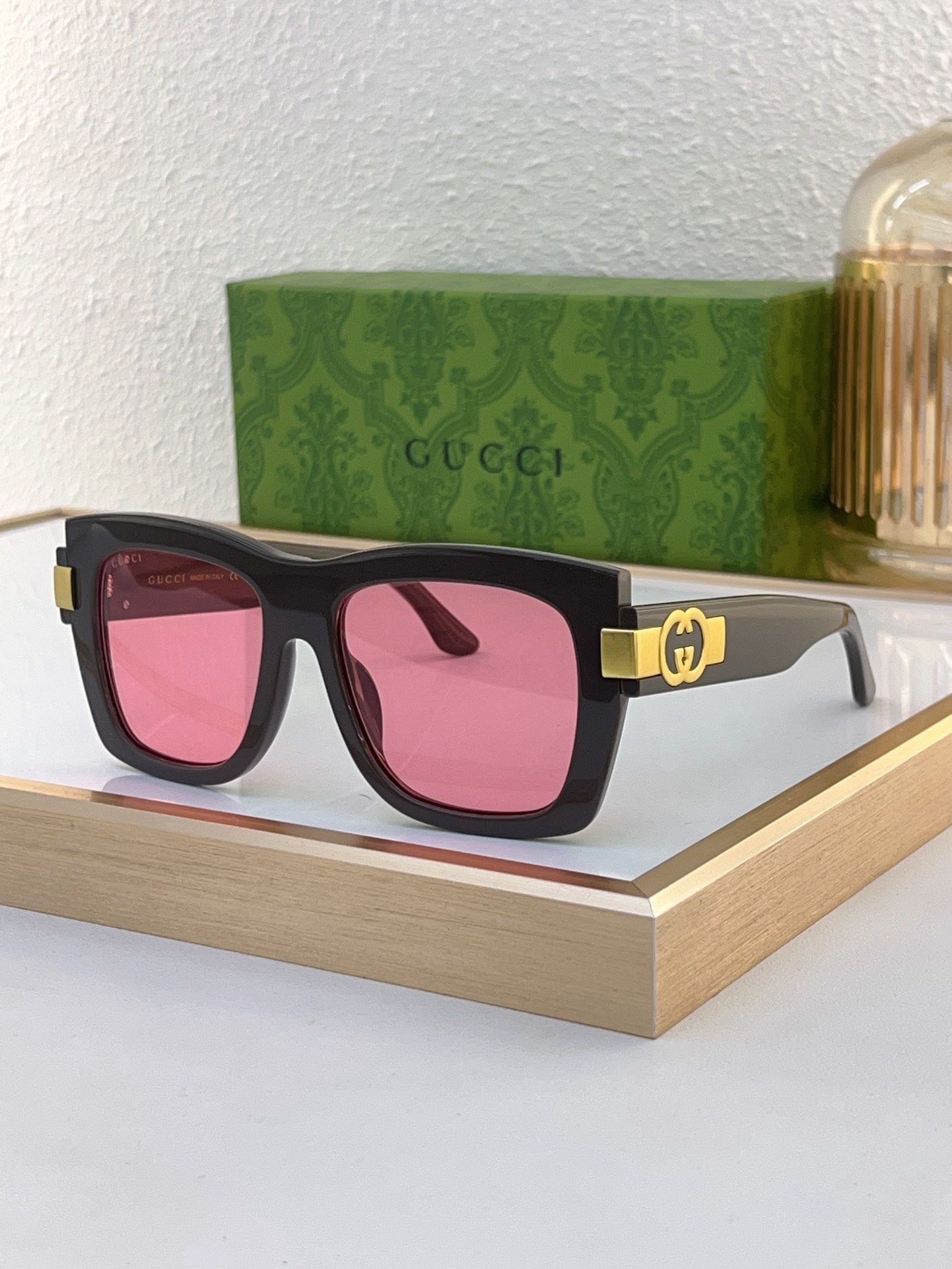 Gucci Square Acetate Sunglasses with Gold - Tone Double G Accents & Pink Lenses (Model: GG1241S)
