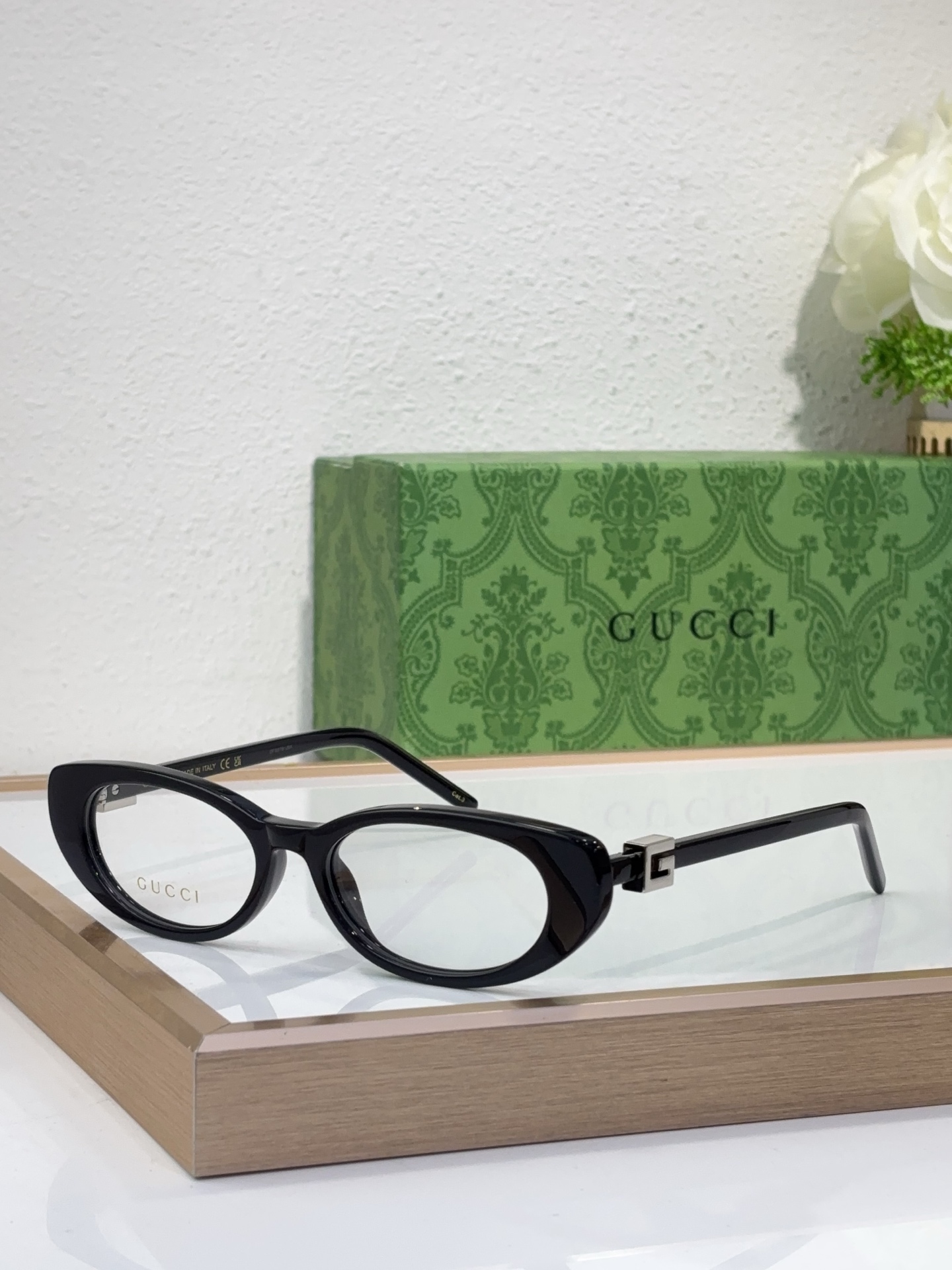 Gucci Oval Acetate Optical Eyeglasses with Metal Temple Accents (Model: GG1236O)