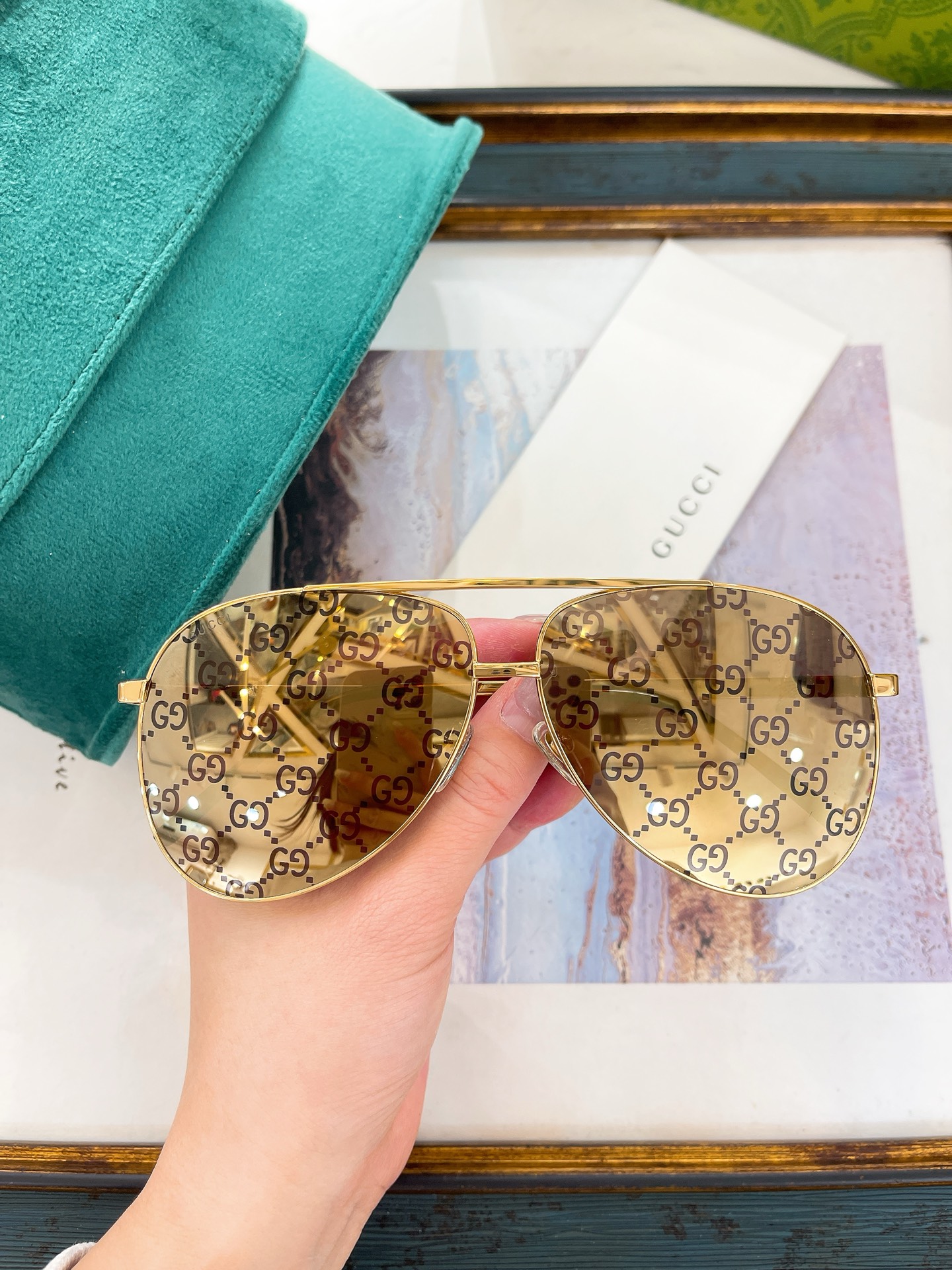 Gucci Aviator - Style Gold - Tone Metal Sunglasses with GG - Printed Mirrored Lenses (Model: GG9876S)