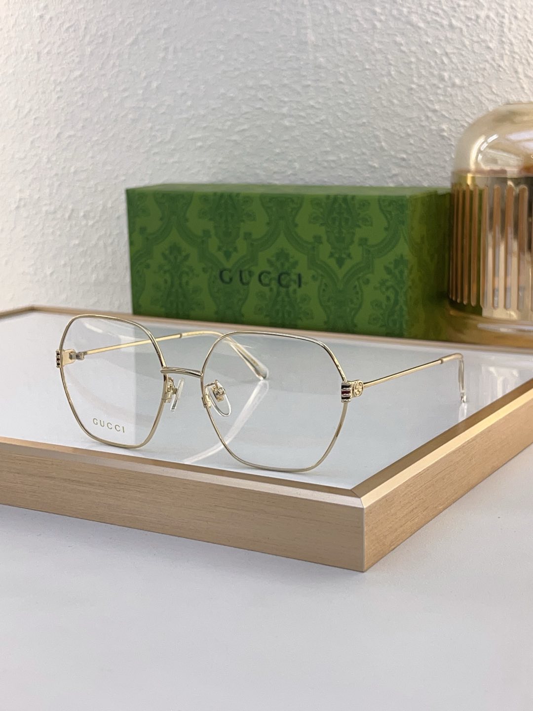 Gucci Hexagonal Gold - Tone Metal Optical Eyeglasses with Web Stripe Accents (Model: GG1234O)