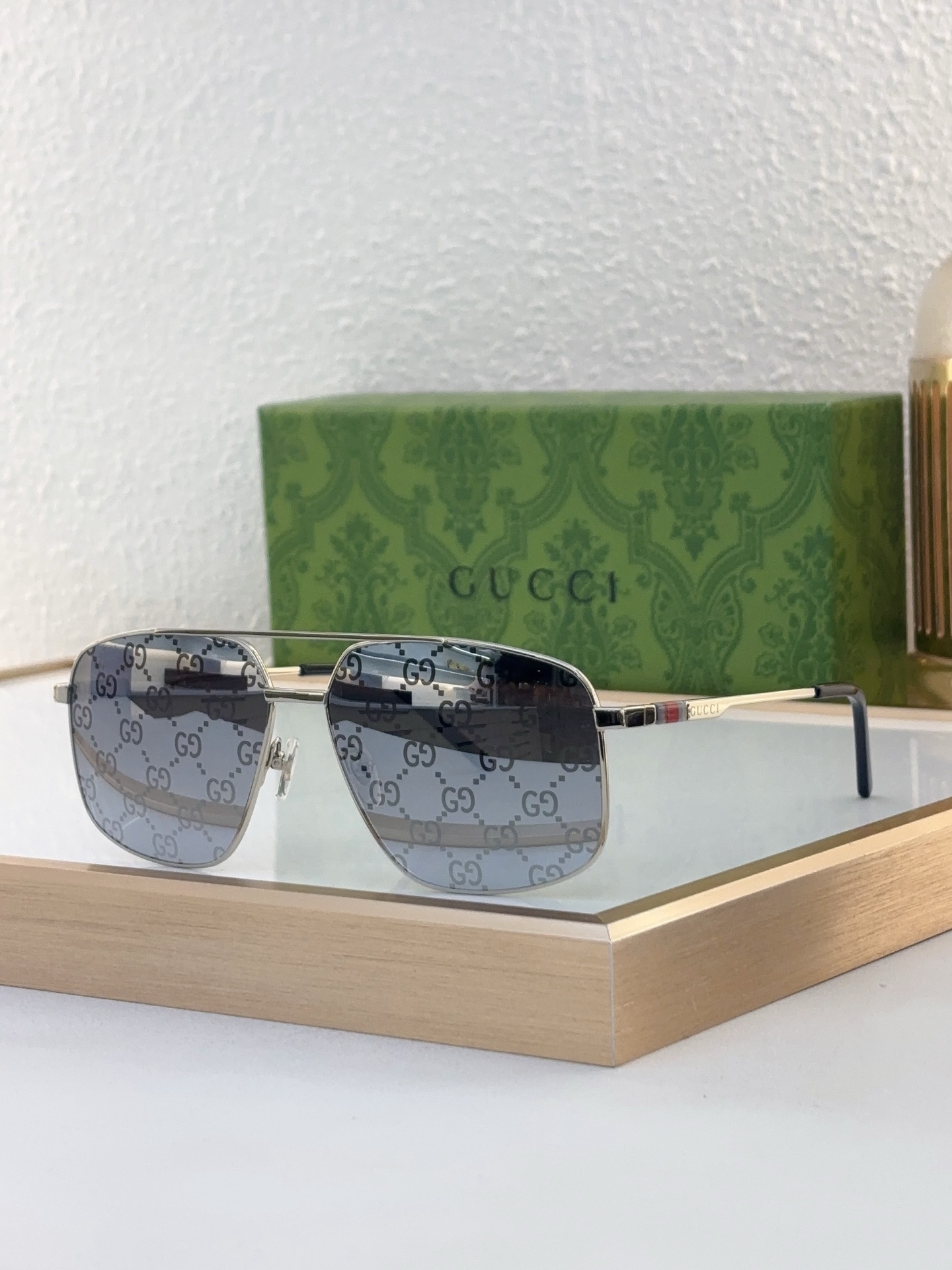 Gucci Aviator - Style Silver - Tone Metal Sunglasses with GG - Printed Gray Lenses & Web Stripe Temples (Model: GG5700S)