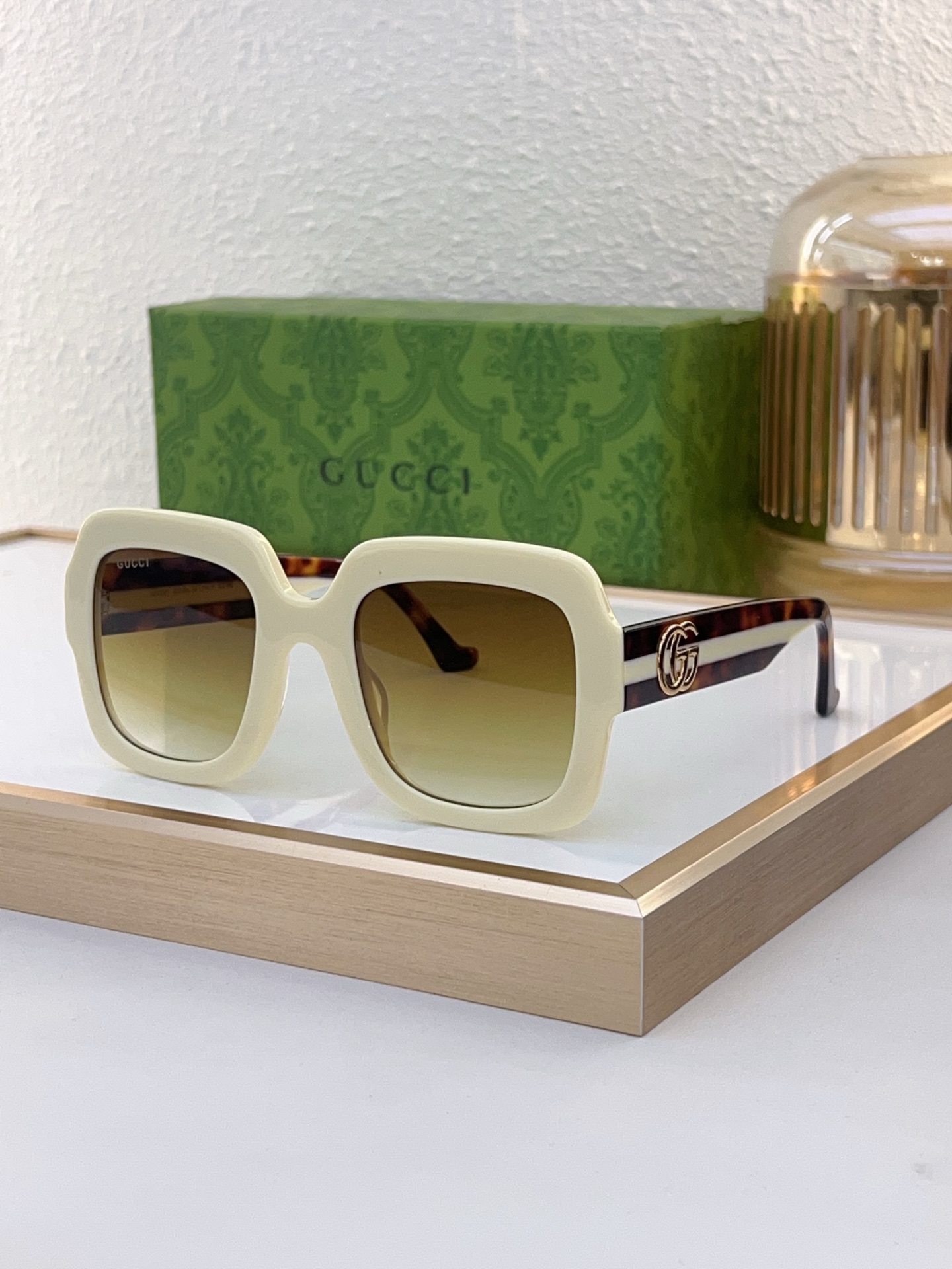 Gucci Square Acetate Sunglasses with Web Stripe Temples & Gold - Tone Double G Accents (Model: GG3100S)