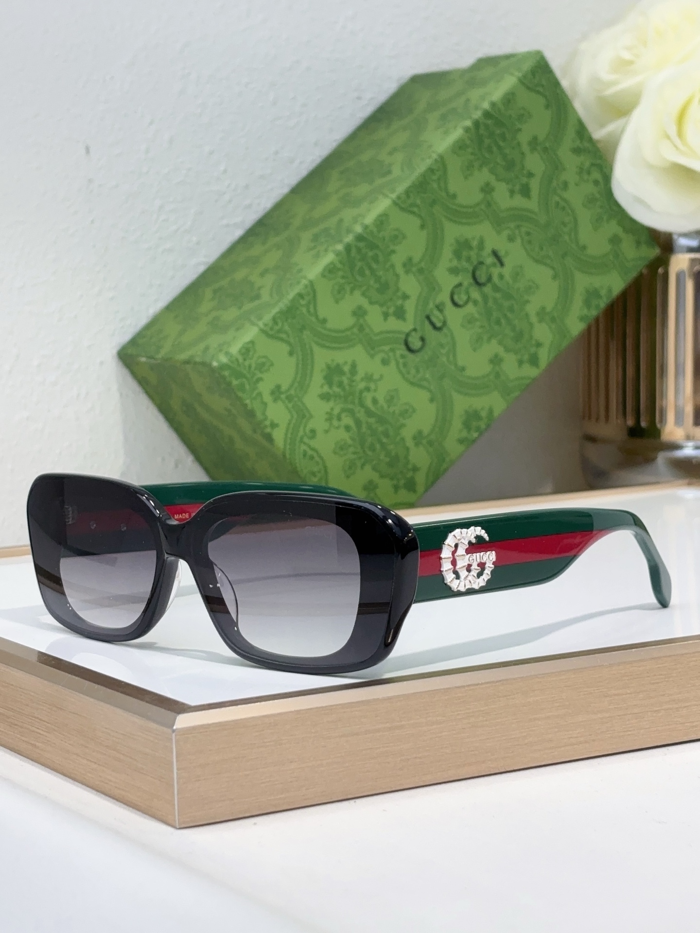 Gucci Square Sunglasses with Green - Red Web Stripe Temples & Crystal - Embellished Double G (Model: GG2300S)