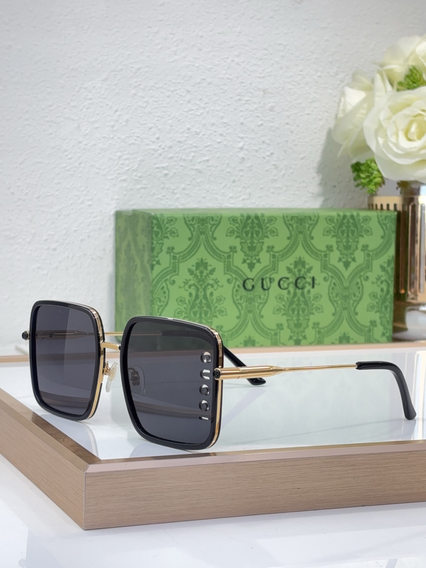 Gucci Square - Frame Sunglasses with Gold - Tone Metal Accents (Model: GG1550S)