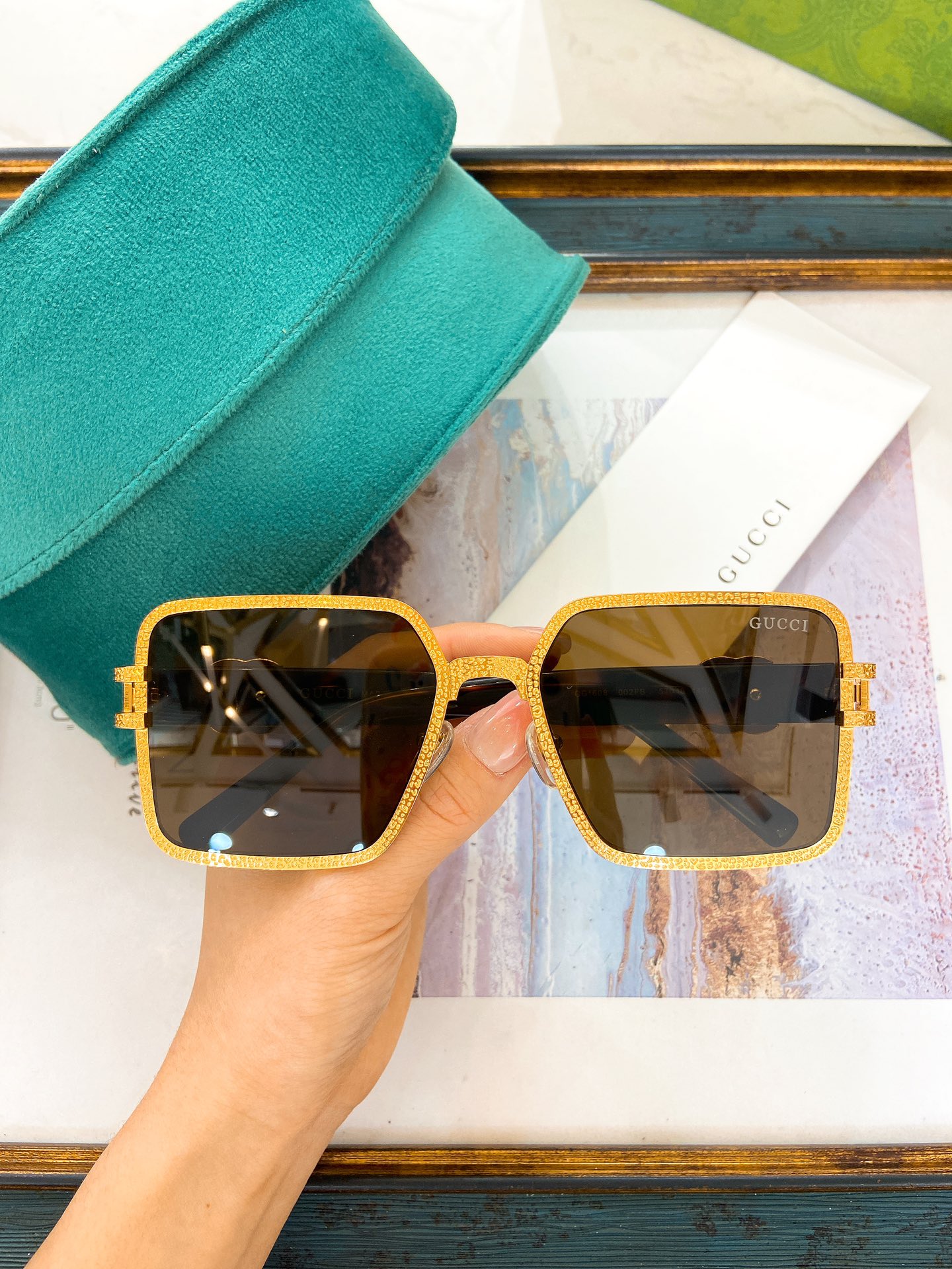 Gucci Square - Frame Sunglasses with Textured Gold - Tone Metal Frame (Model: GG1420S)