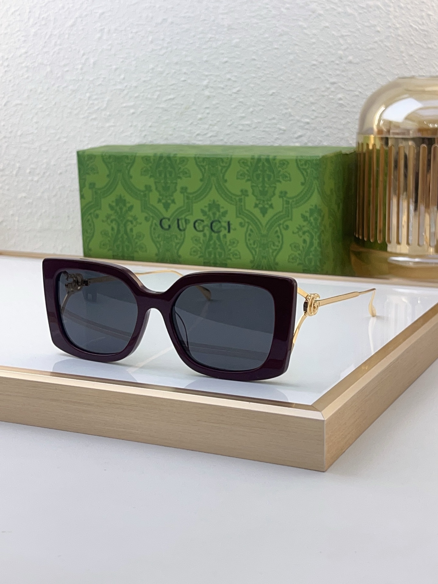 Gucci Square - Frame Sunglasses in Plum Acetate with Gold - Tone Metal Temples