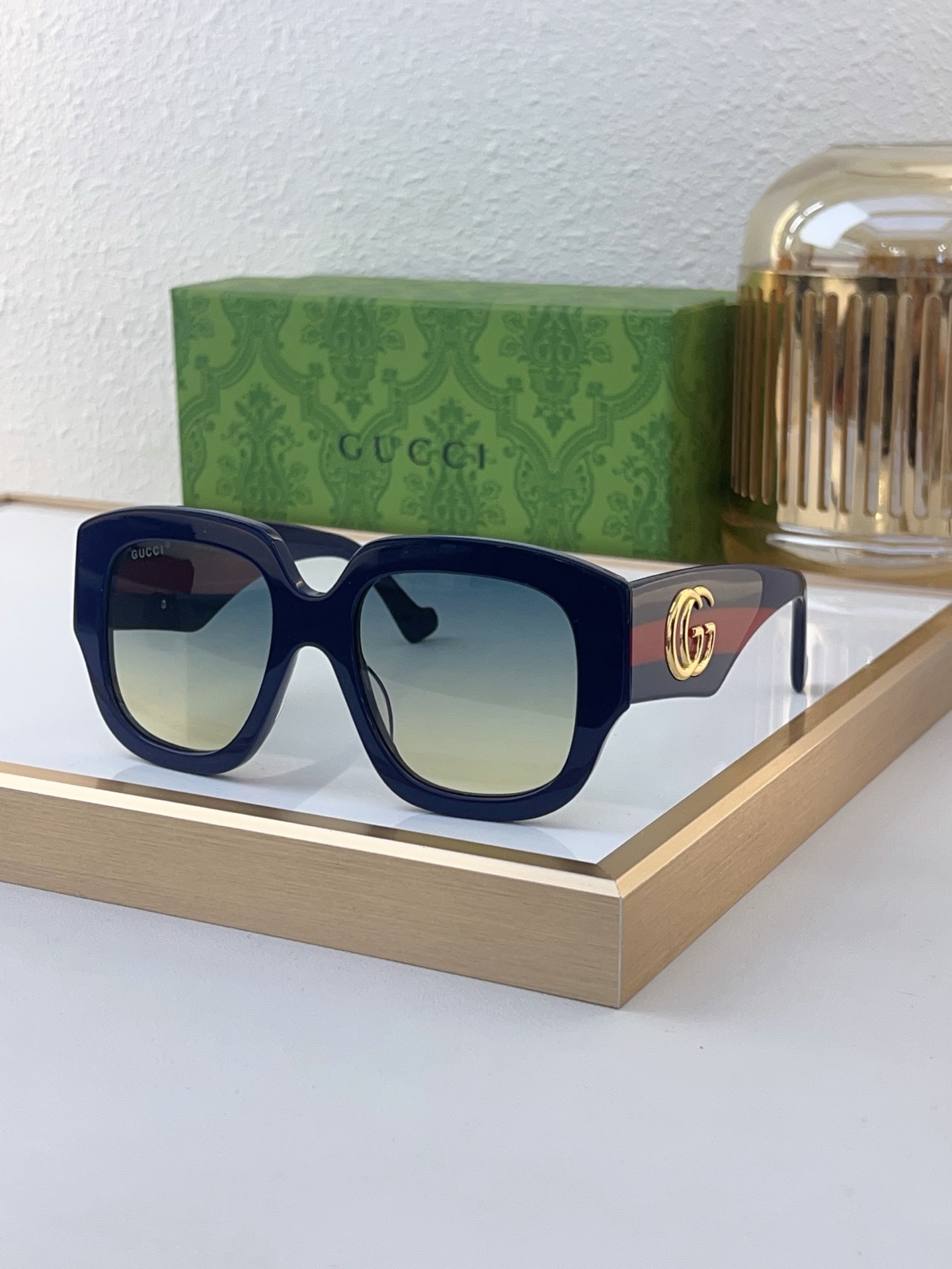 Gucci Square - Frame Sunglasses with Web Stripe & Gold - Tone GG Accents (Navy Acetate)