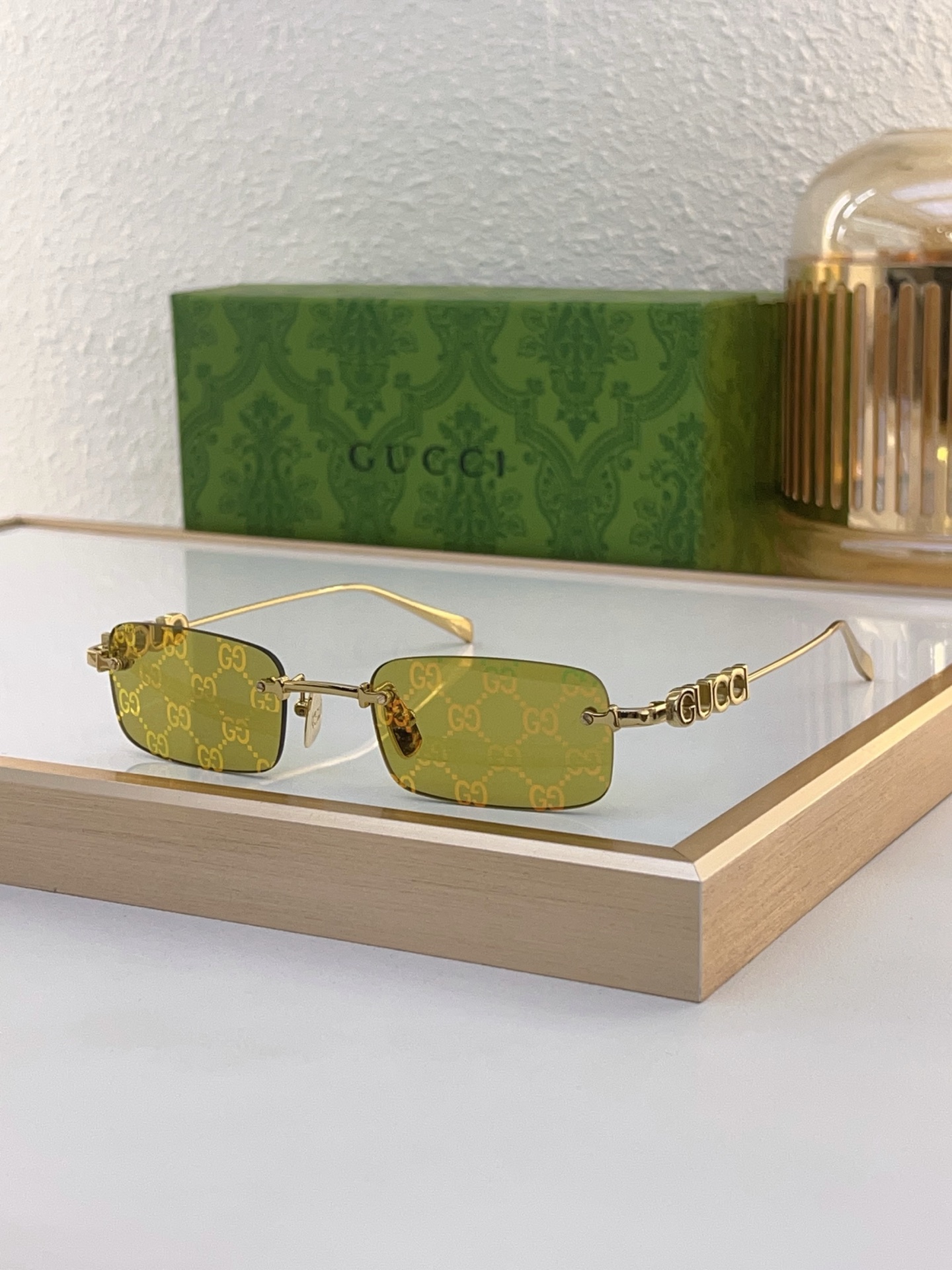 Gucci Rectangular Sunglasses with GG Print & Gold - Tone GG Temples