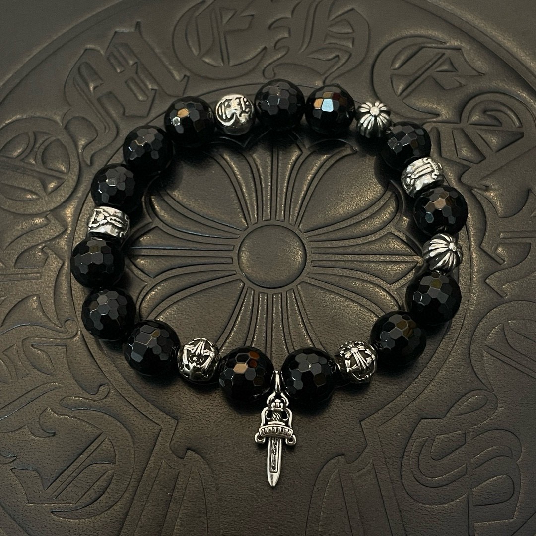Chrome Hearts 925 Silver Black Faceted Bead Bracelet with Sword Charm