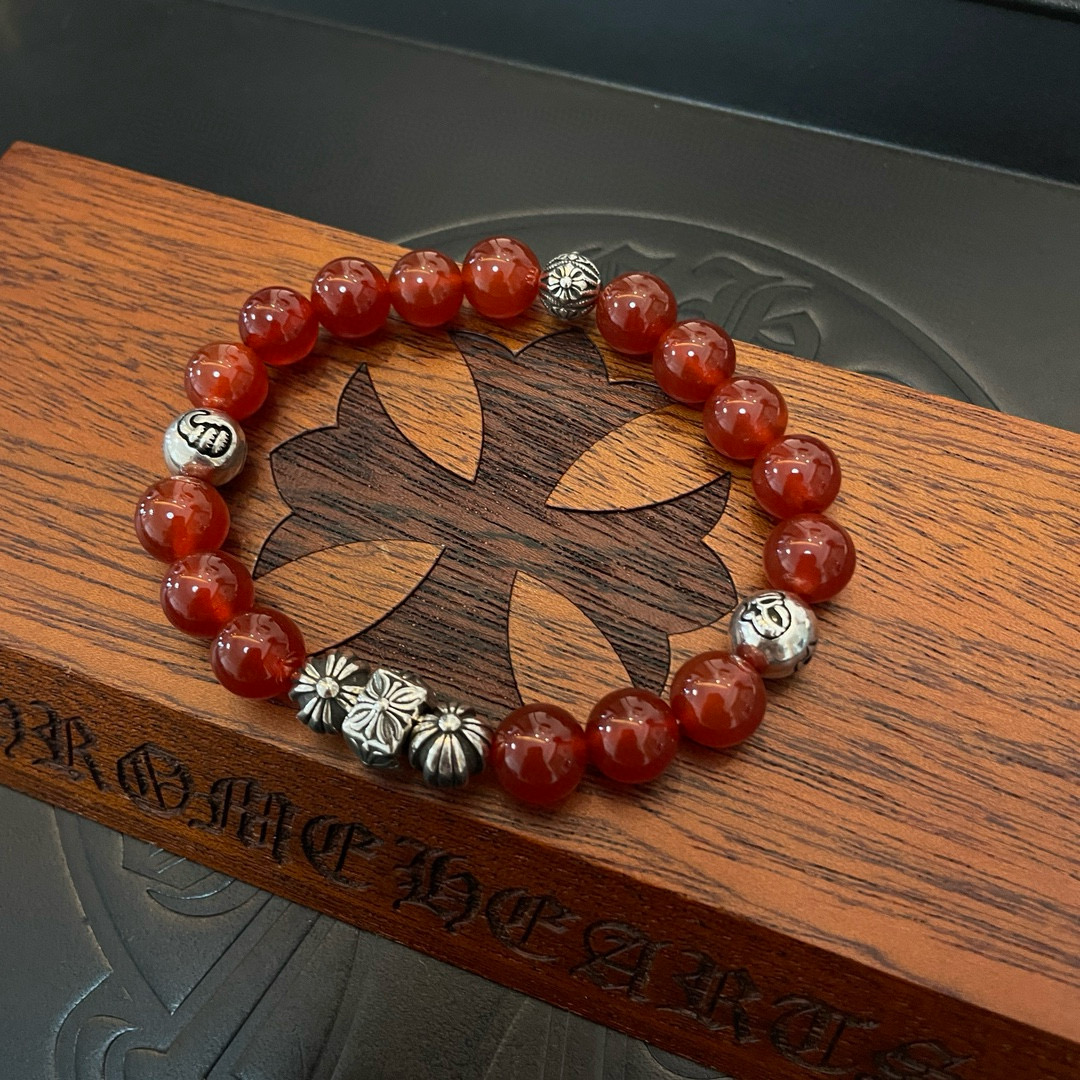 Chrome Hearts 925 Silver Red Agate Bead Bracelet with Floral & Cross Accents