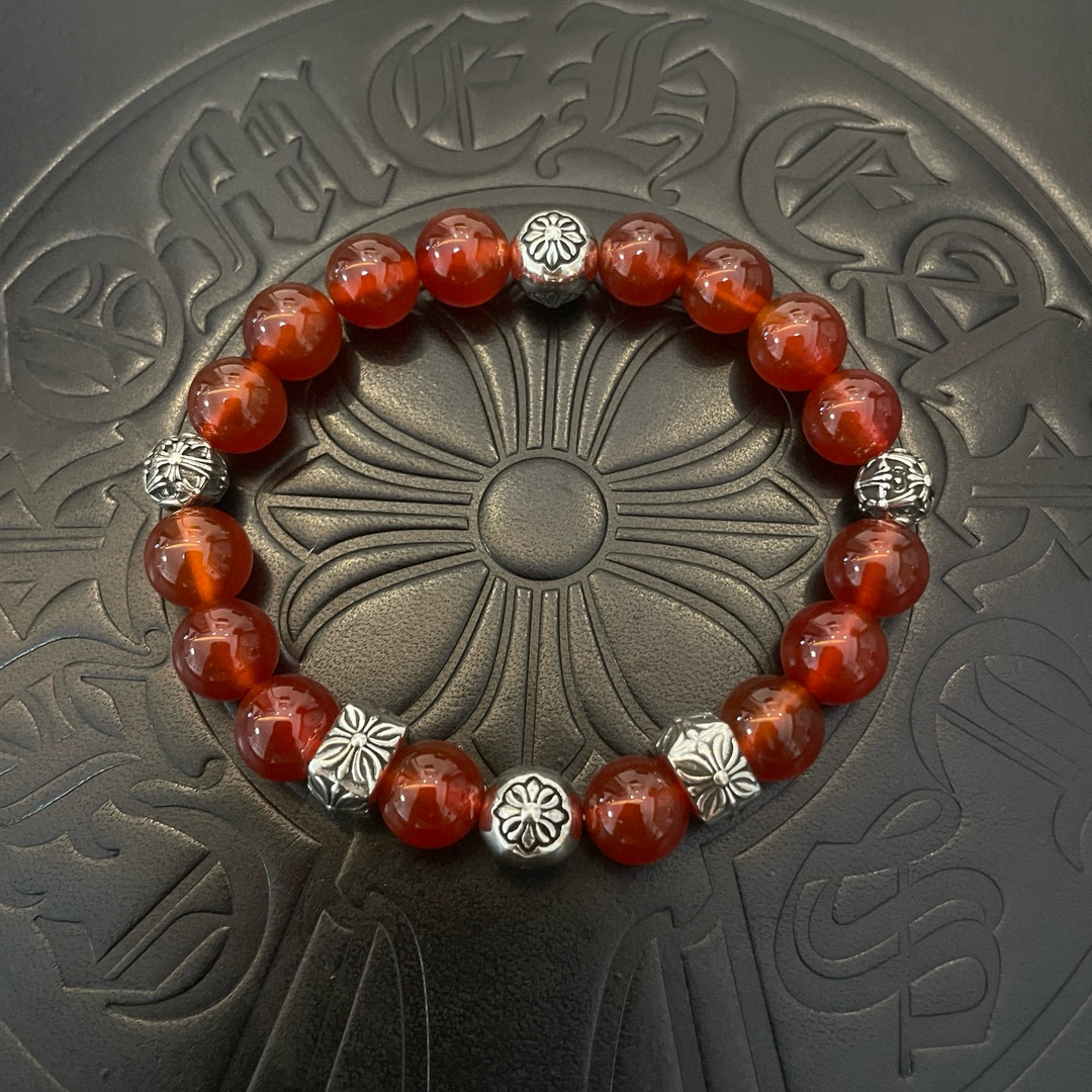 Chrome Hearts 925 Silver Red Agate Bead Bracelet with Floral & Cross Accents